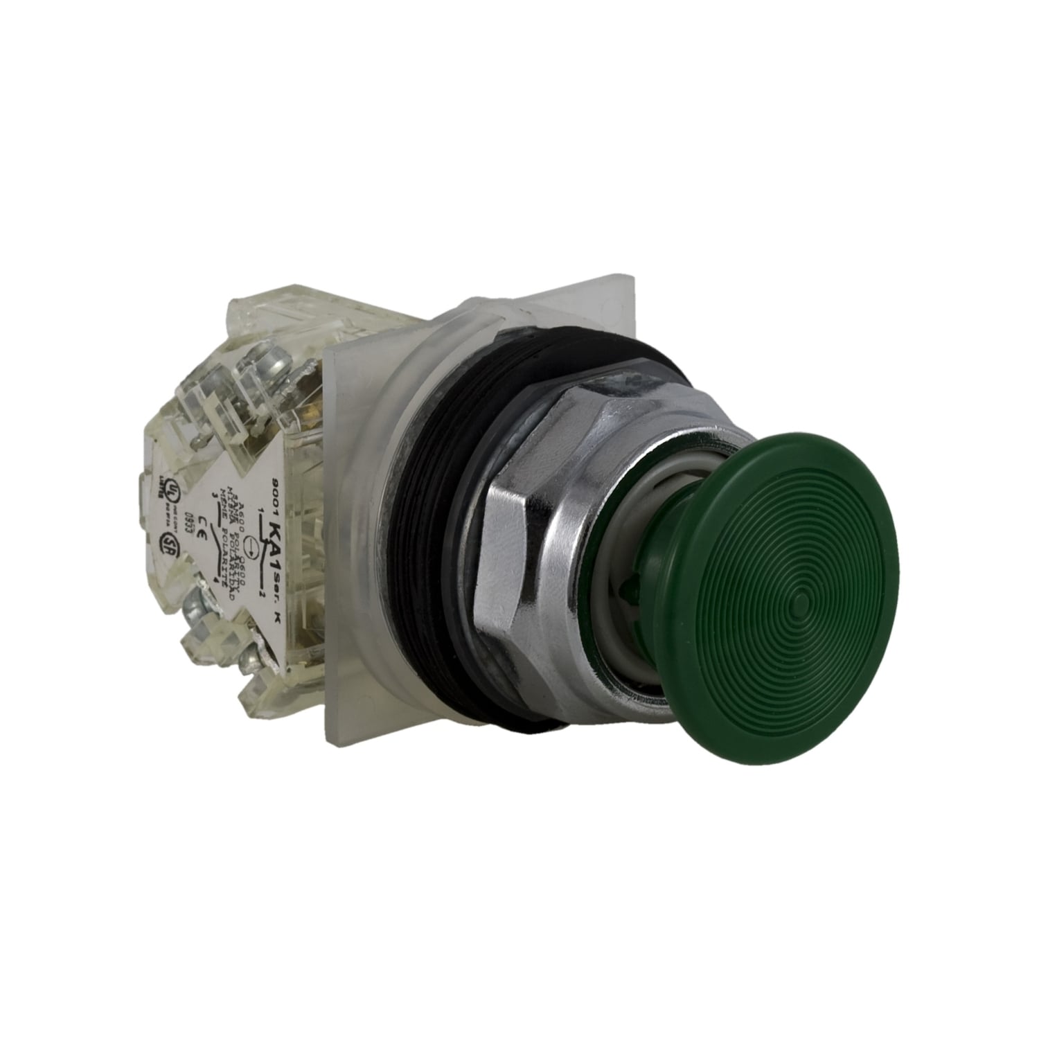 Push-button, Harmony 9001K, metal, snap-in plastic mushroom 35mm, green, 30mm, spring return, 1 C/O