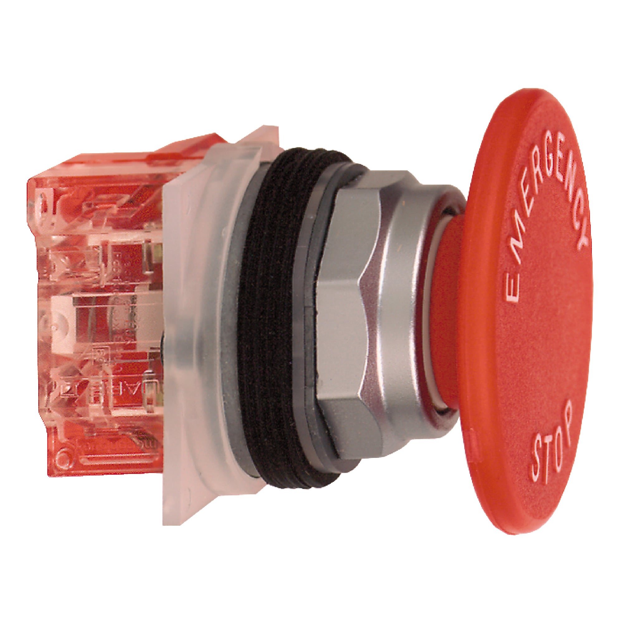 Emergency Stop,  30 mm, metal, red,  57 mm snap-in plastic mushroom, 10 A, T-K, spring return, marked, 1 NC