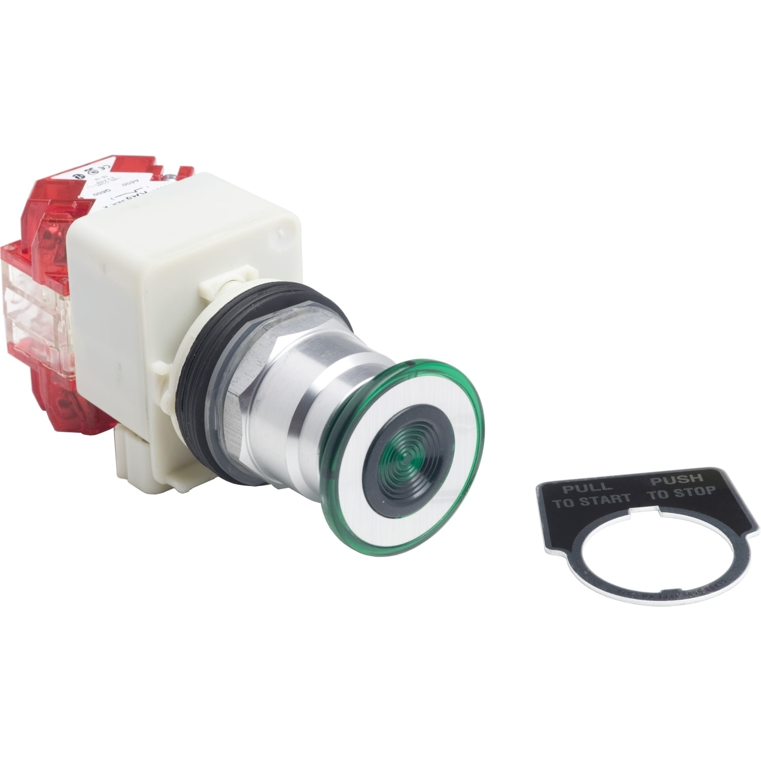 Push button, Harmony 9001K, metal, mushroom 41mm, green, 30mm, 3 positions, spring return, 110...120V, 1NC late + 1NC