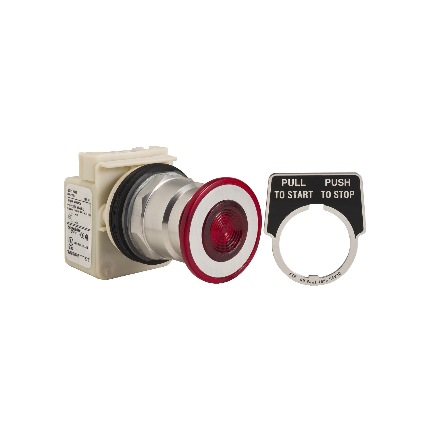 Head for spring return push button, Harmony 9001K, metal, red mushroom 41mm, 30mm, 3 positions, 110...120V