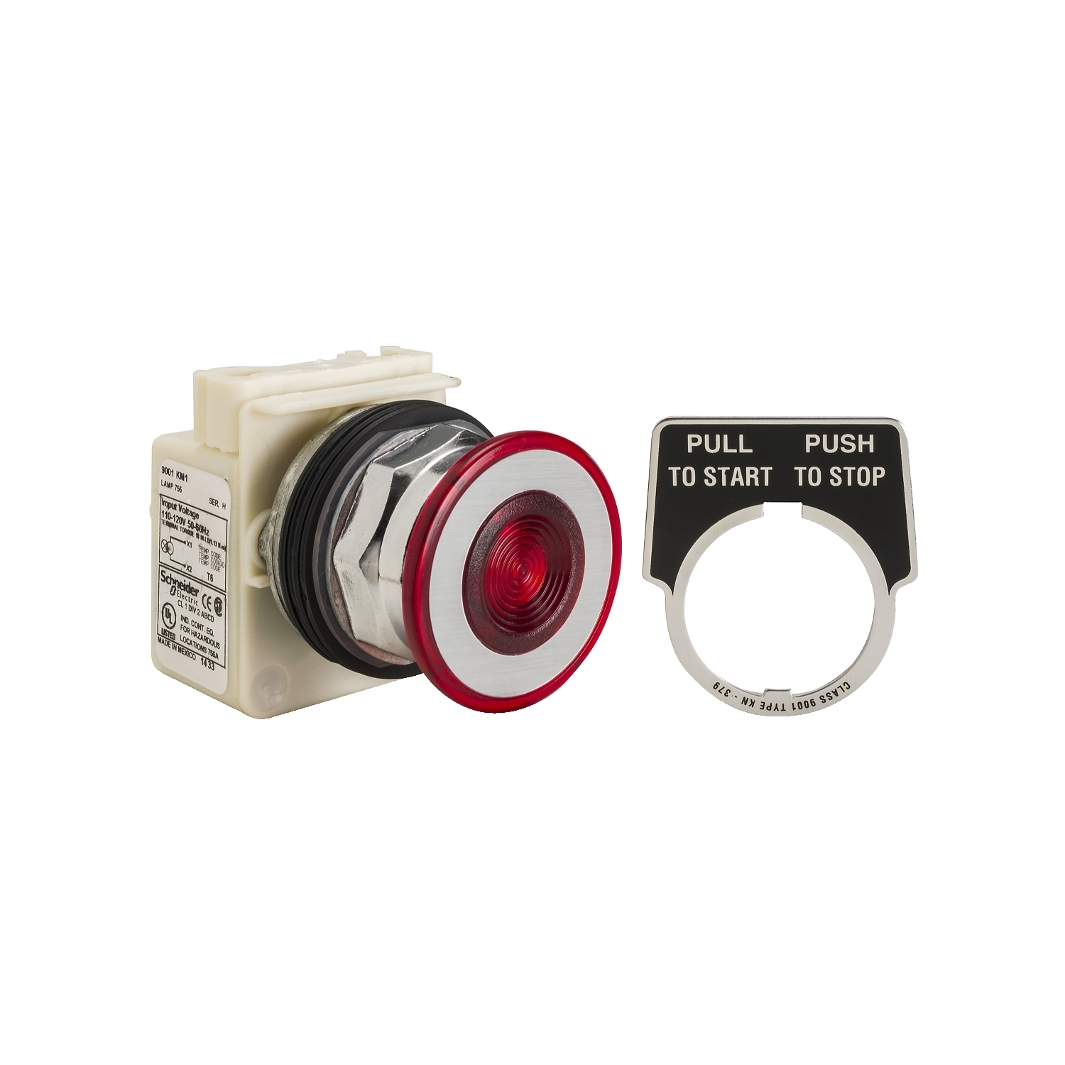 Illuminated push button head, Harmony 9001K, metal, mushroom 41mm, red, 30mm, 2 positions, push-pull, 110...120V