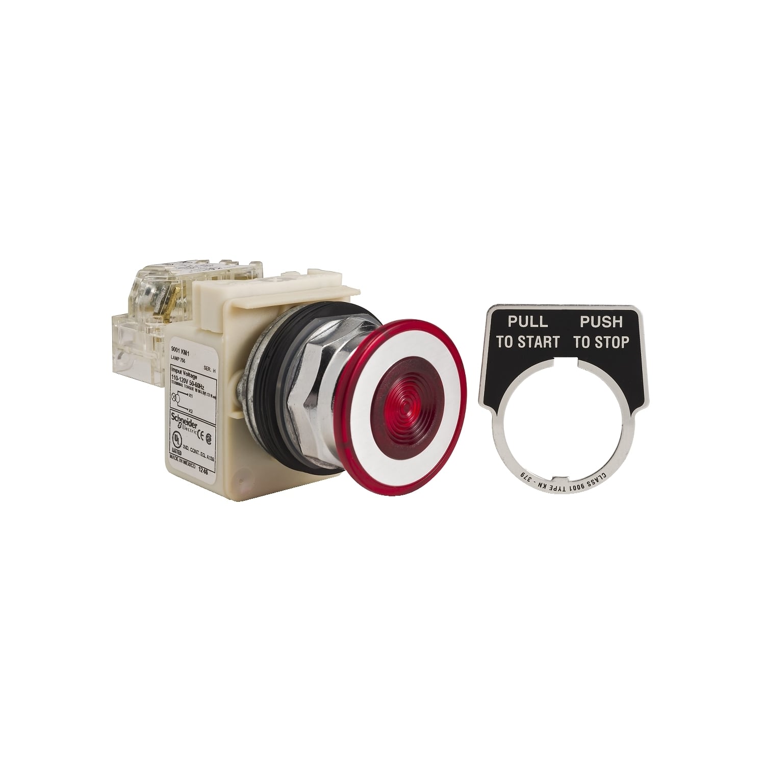 Illuminated push-button head, Harmony 9001K, metal, mushroom 41mm, red, 30mm, 2 positions, push-pull, 24-28V