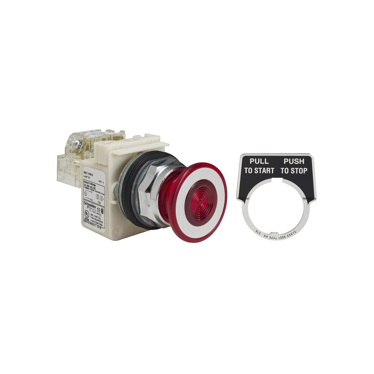 Illuminated push button, Harmony 9001K, metal, mushroom 41mm, red, 30mm, 2 positions, push pull, 24...28V, 1 CO