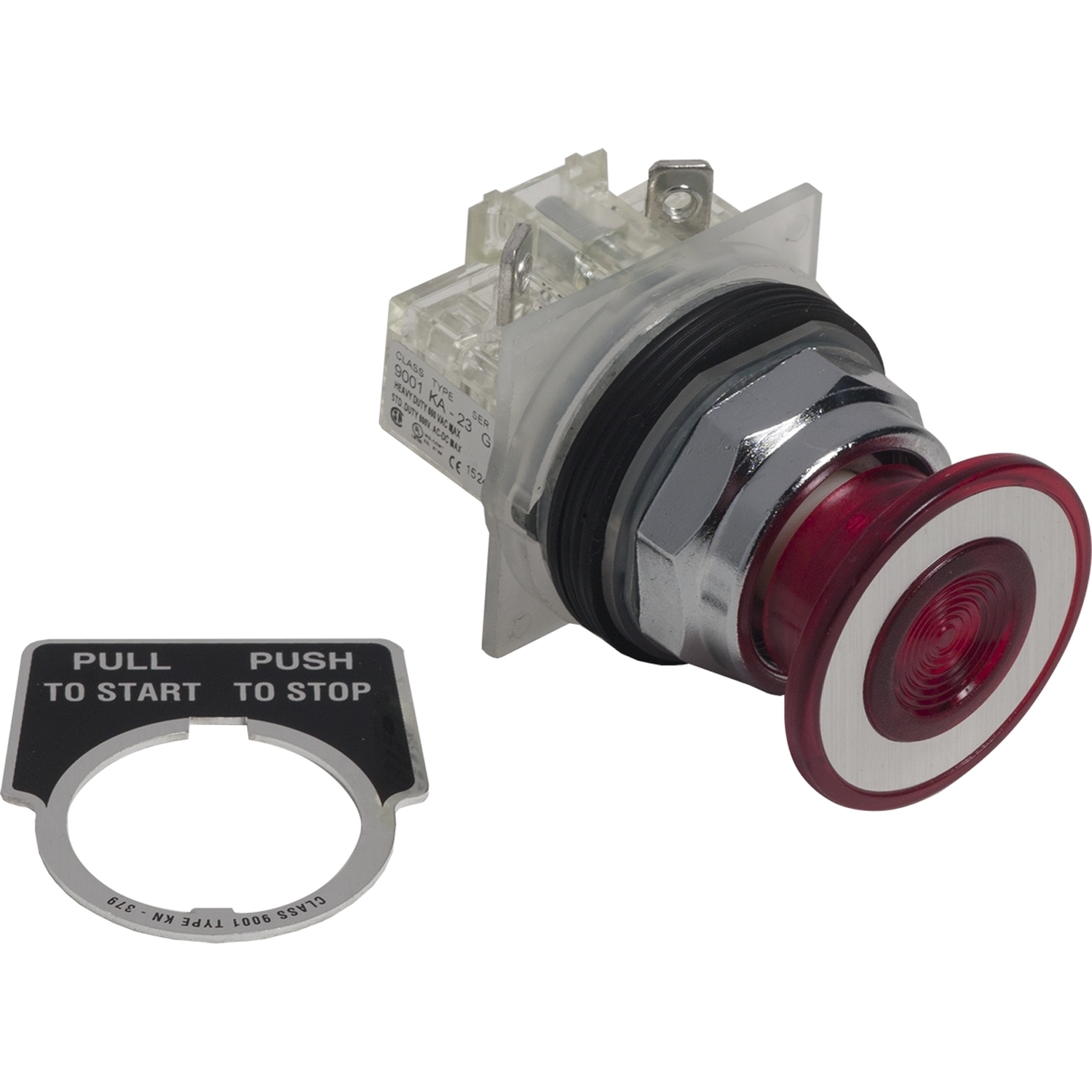 Push button, Harmony 9001K, metal, mushroom 41mm, red, 30mm, 2 positions, push pull, 1NC not fingersafe