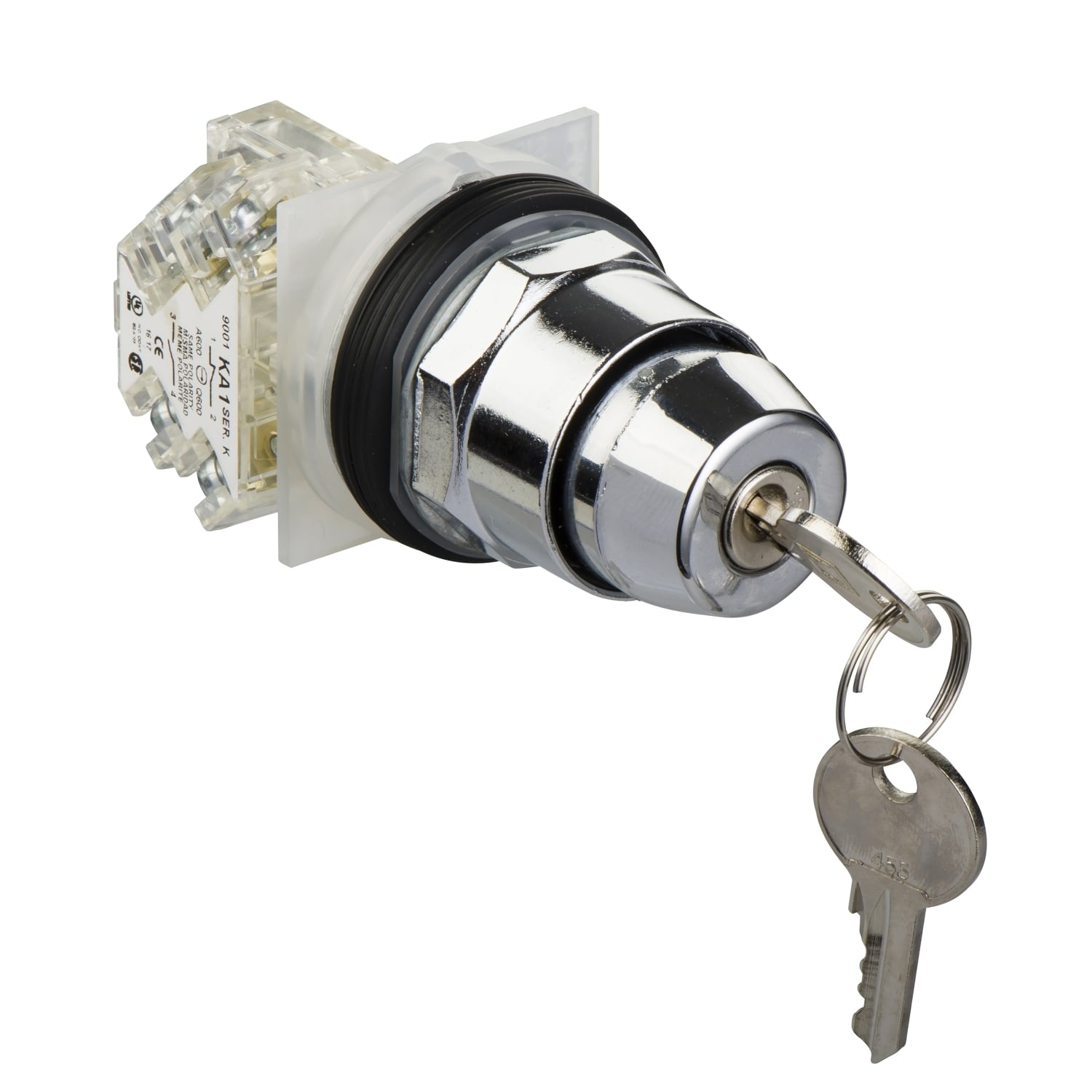 Selector switch, Harmony 9001K, metal, key switch, key active left, 30mm, key E10, 2 positions, Cam E, stay put, 1 CO pos 2