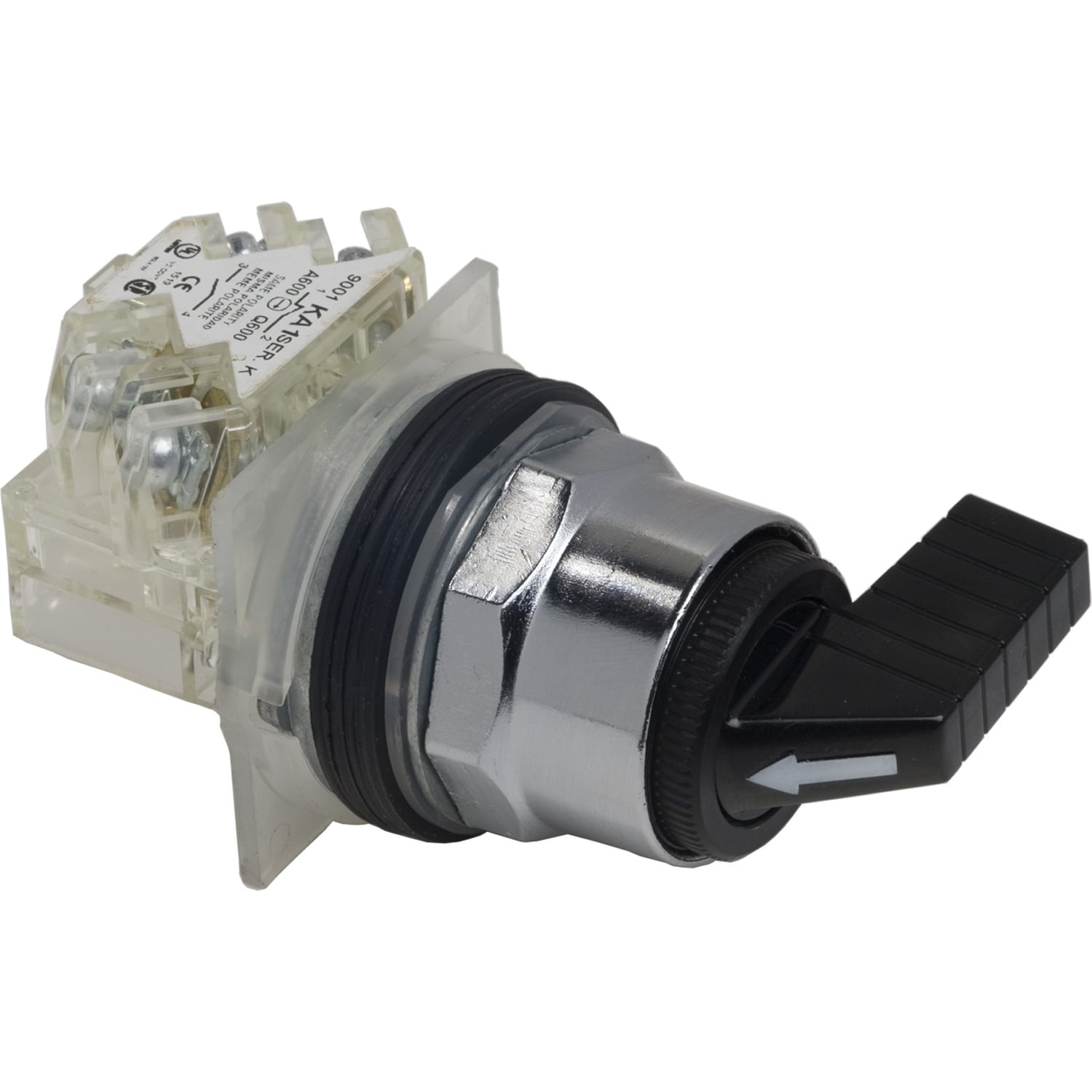 30mm push button, Type K, 3 position selector switch, 6A inductive at 120VAC, 1NO/1NC contacts, black knob, NEMA 4, 13
