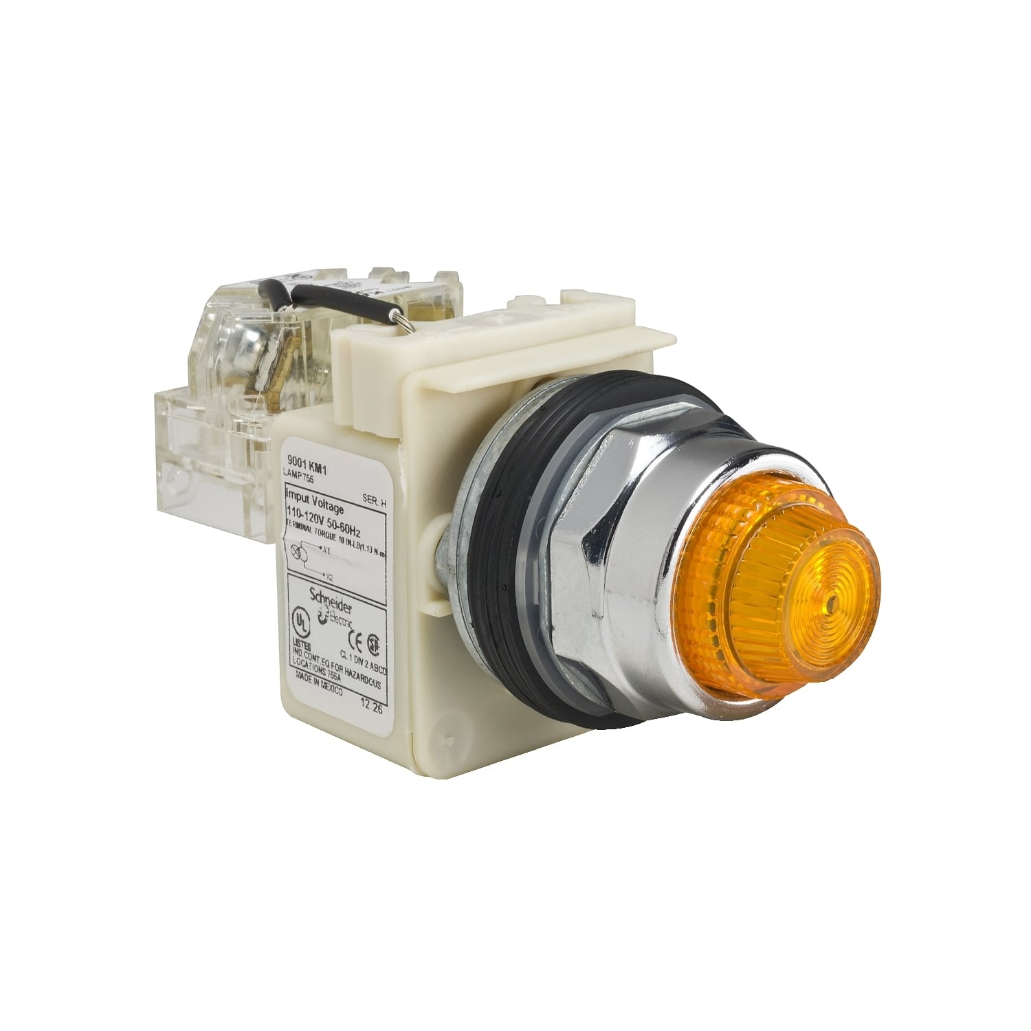 Push-to-test pilot light, Harmony 9001K, metal, polycarbonate, fresnel, amber, 30mm, 110-120V