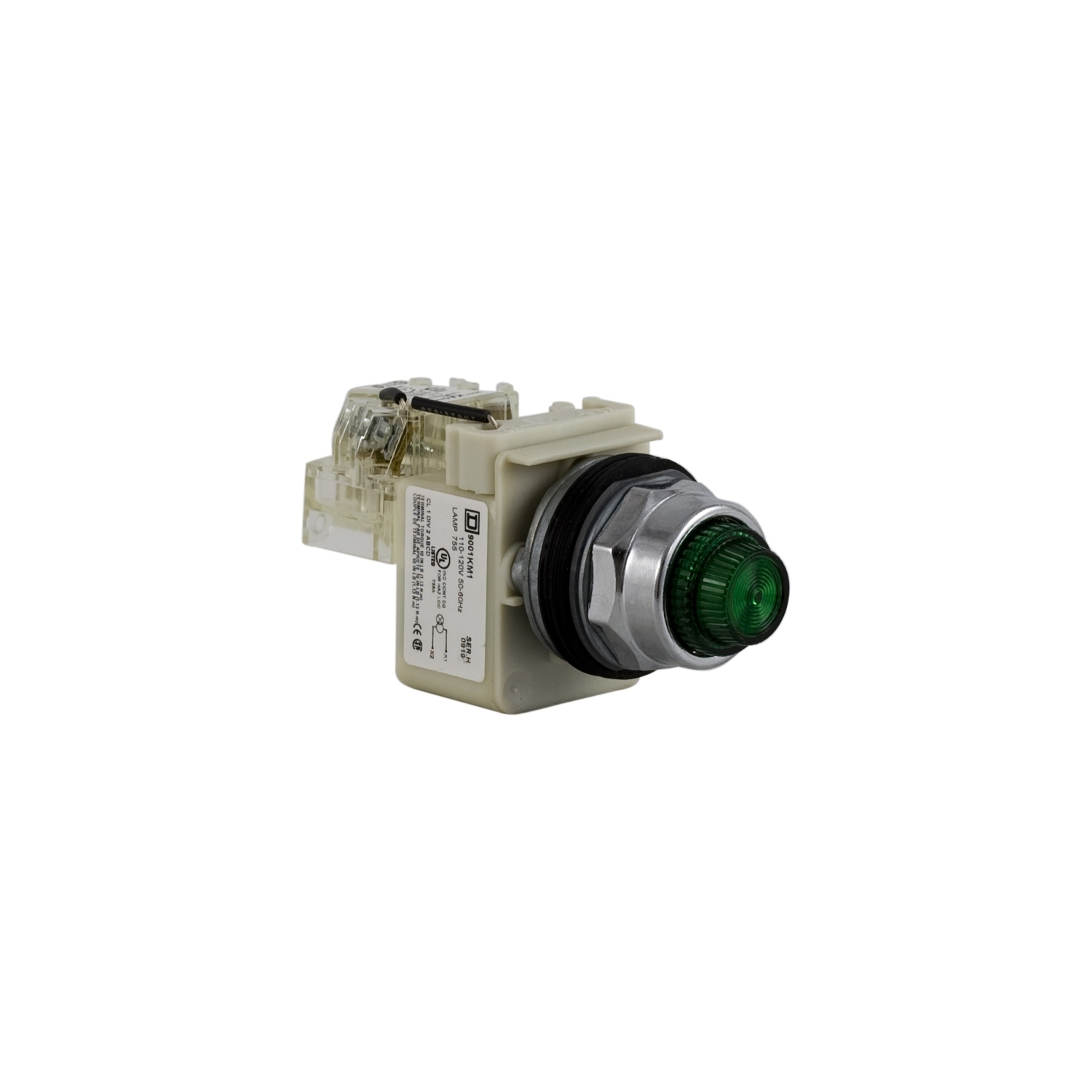 Push to test pilot light, Harmony 9001K, metal, polycarbonate, fresnel lens, green, 30mm, 110...120V