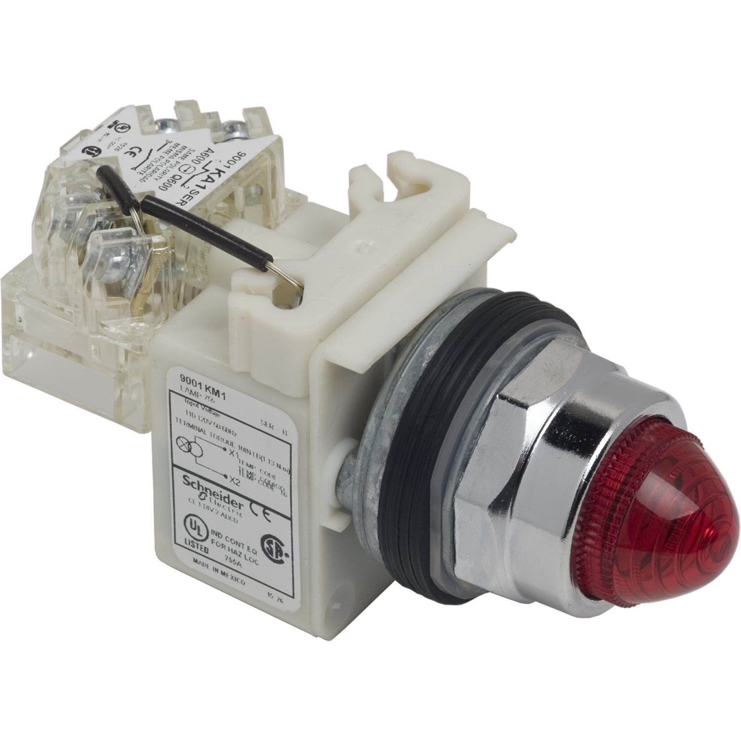 30mm push button, Type K, push to test pilot light, transformer light module, 120VAC 60Hz, red domed lens, NEMA 4, 13
