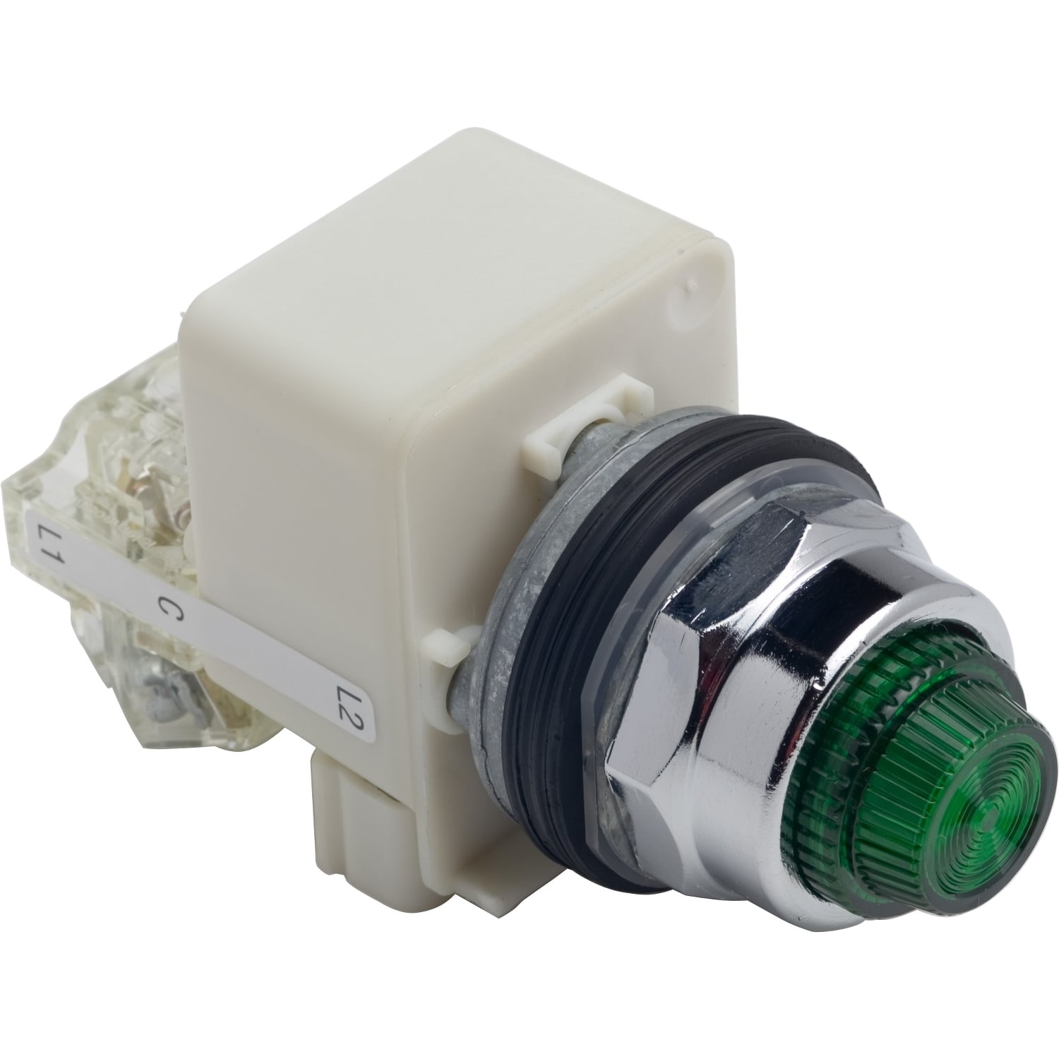 Push-to-test pilot light, Harmony 9001K, metal, polycarbonate, fresnel lens, green, 30mm, LED green, 120V