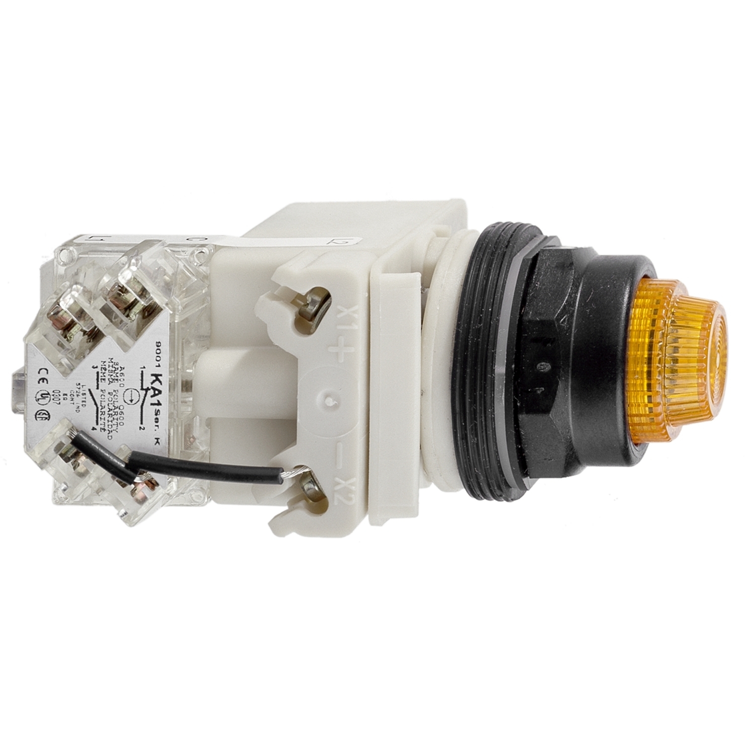 Push-to-test pilot light, Harmony 9001K, metal, polycarbonate, fresnel lens, amber, 30mm, LED yellow, 120V