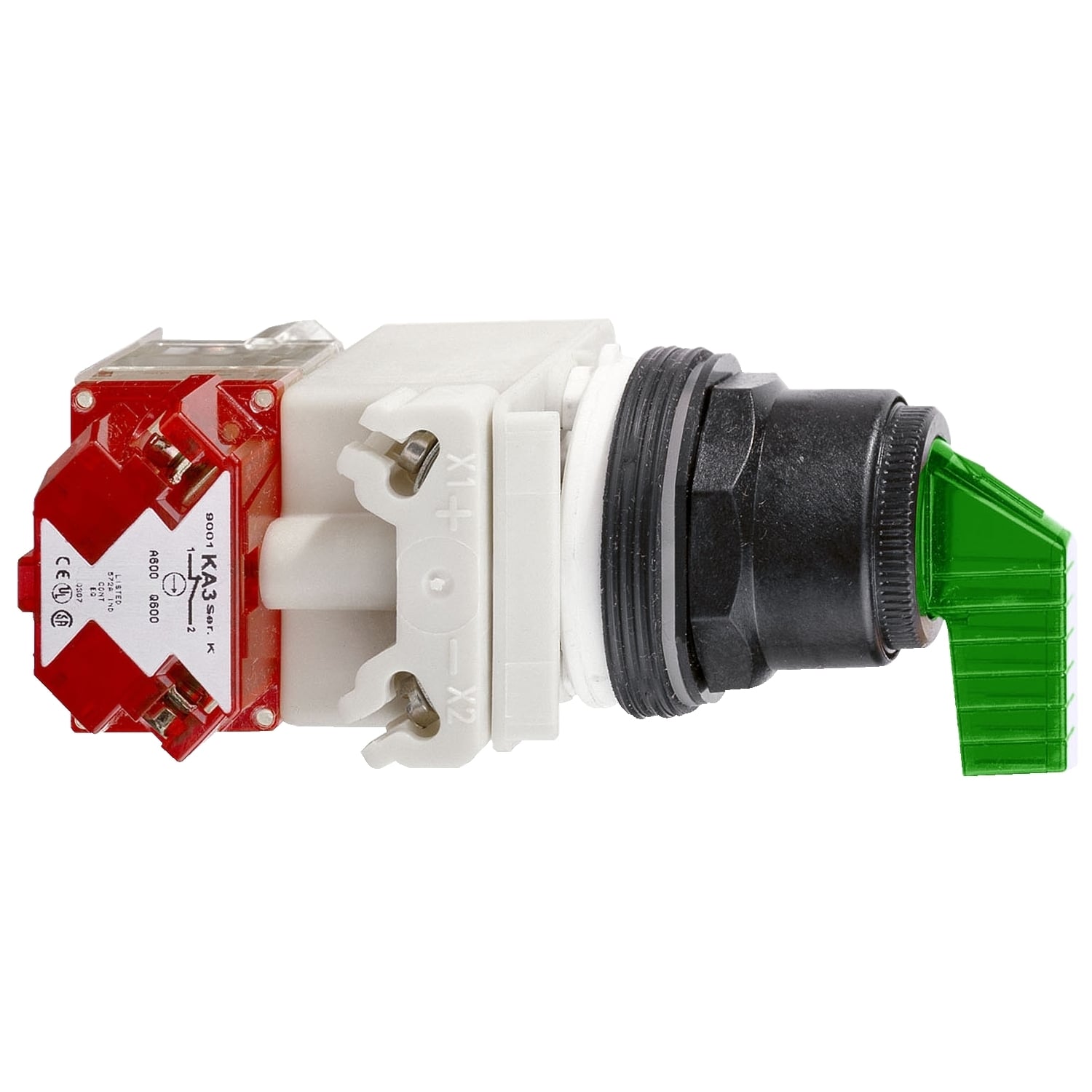 Illuminated selector switch, Harmony 9001SK, plastic, long handle, green, 30mm, 2 positions, stay put, 120V, screw terminals for lug, 1 C/O