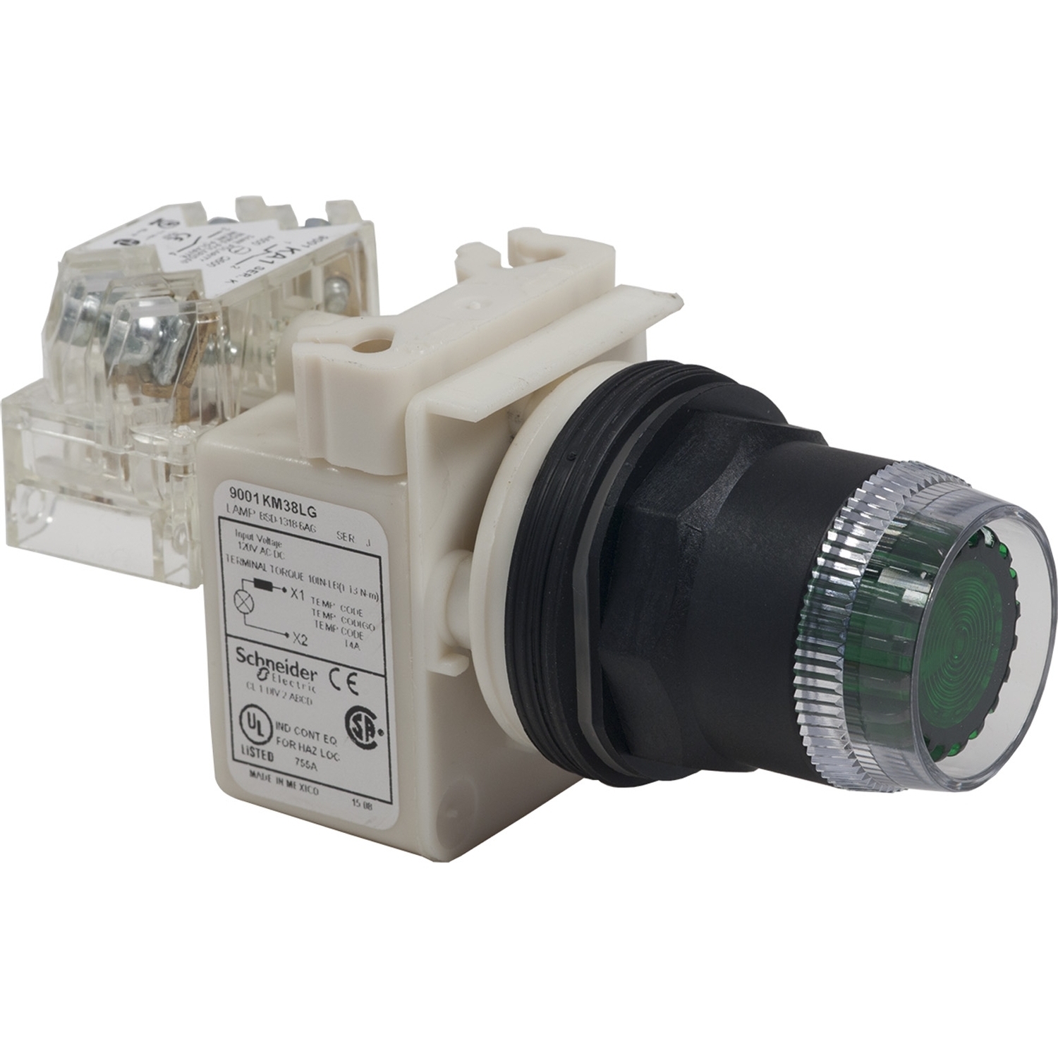 Illuminated push-button, Harmony 9001SK, plastic, plastic guard flush, green, 30mm, spring return, 110-120V, 1 C/O