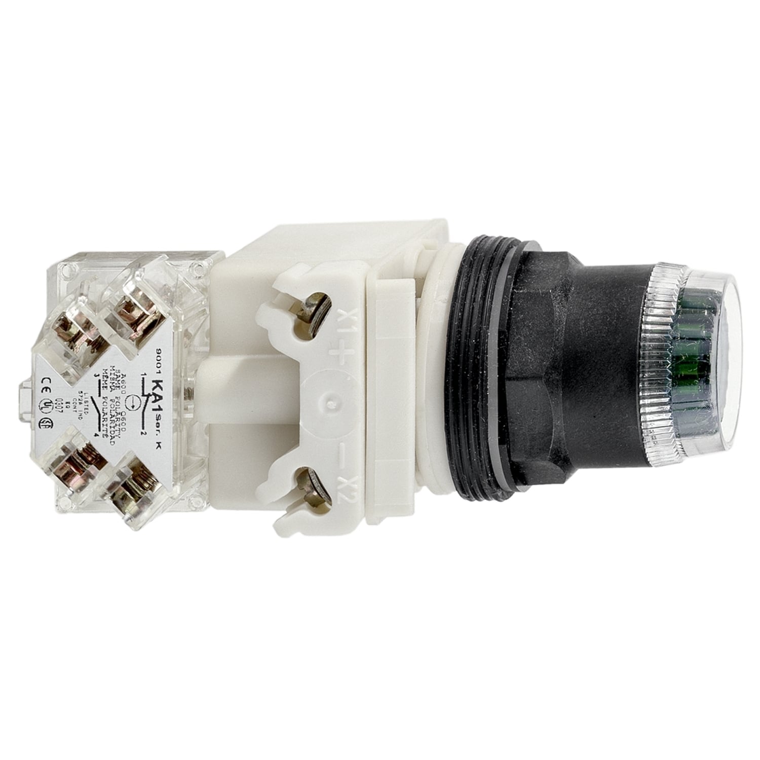 Illuminated push-button head, Harmony 9001SK, plastic, plastic guard flush, green, 30mm, spring return, LED green, 120V