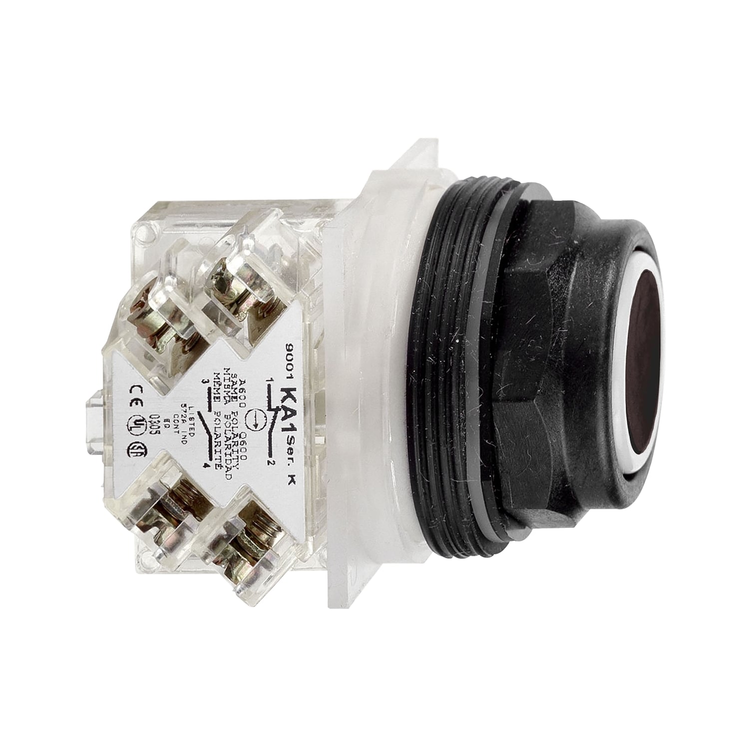 Spring Return Full Guard Push Button, 30 mm, 600 VAC, 10 A, 1NO, Black