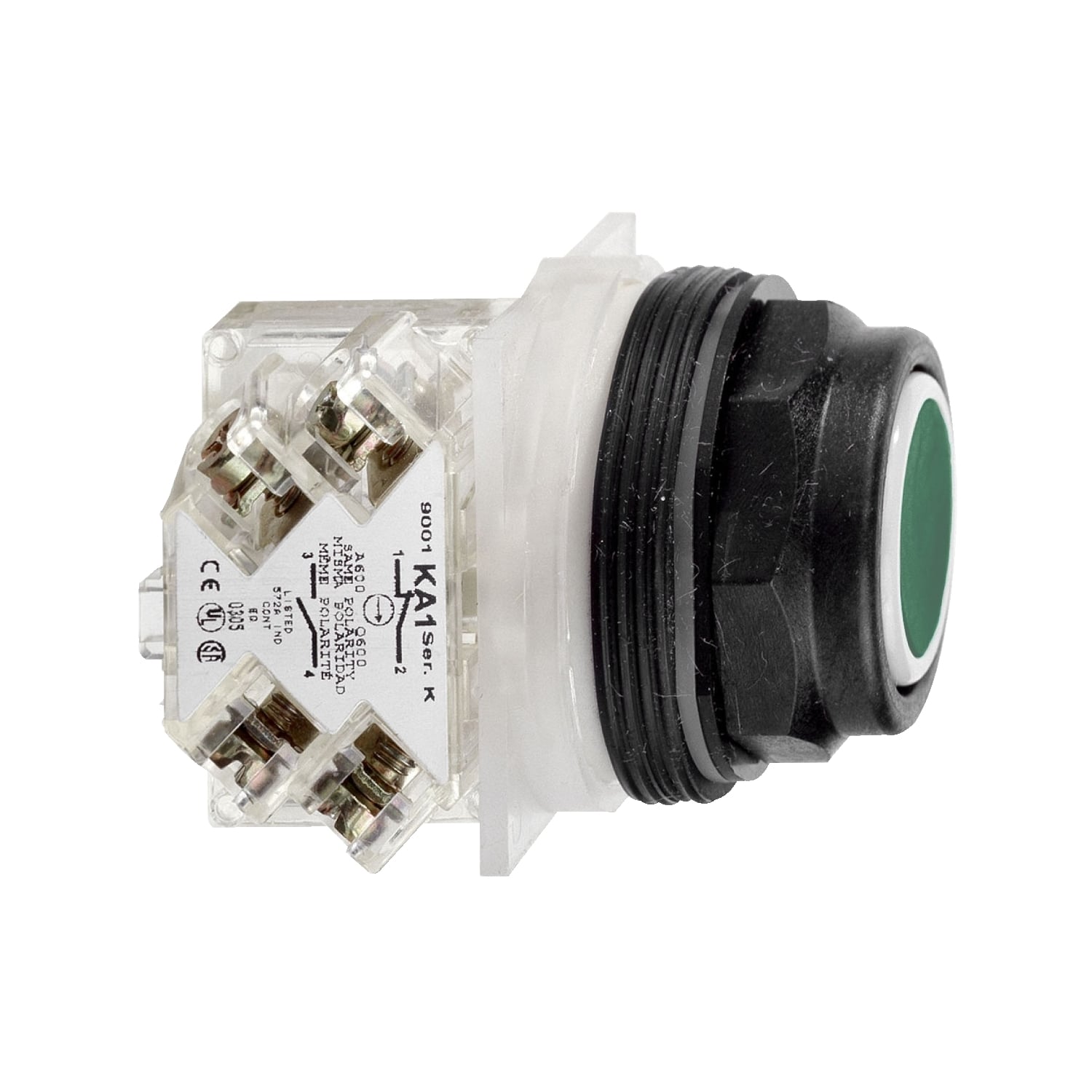 Push button, Harmony 9001SK, plastic, flush, green, 30mm, spring return, 1NO