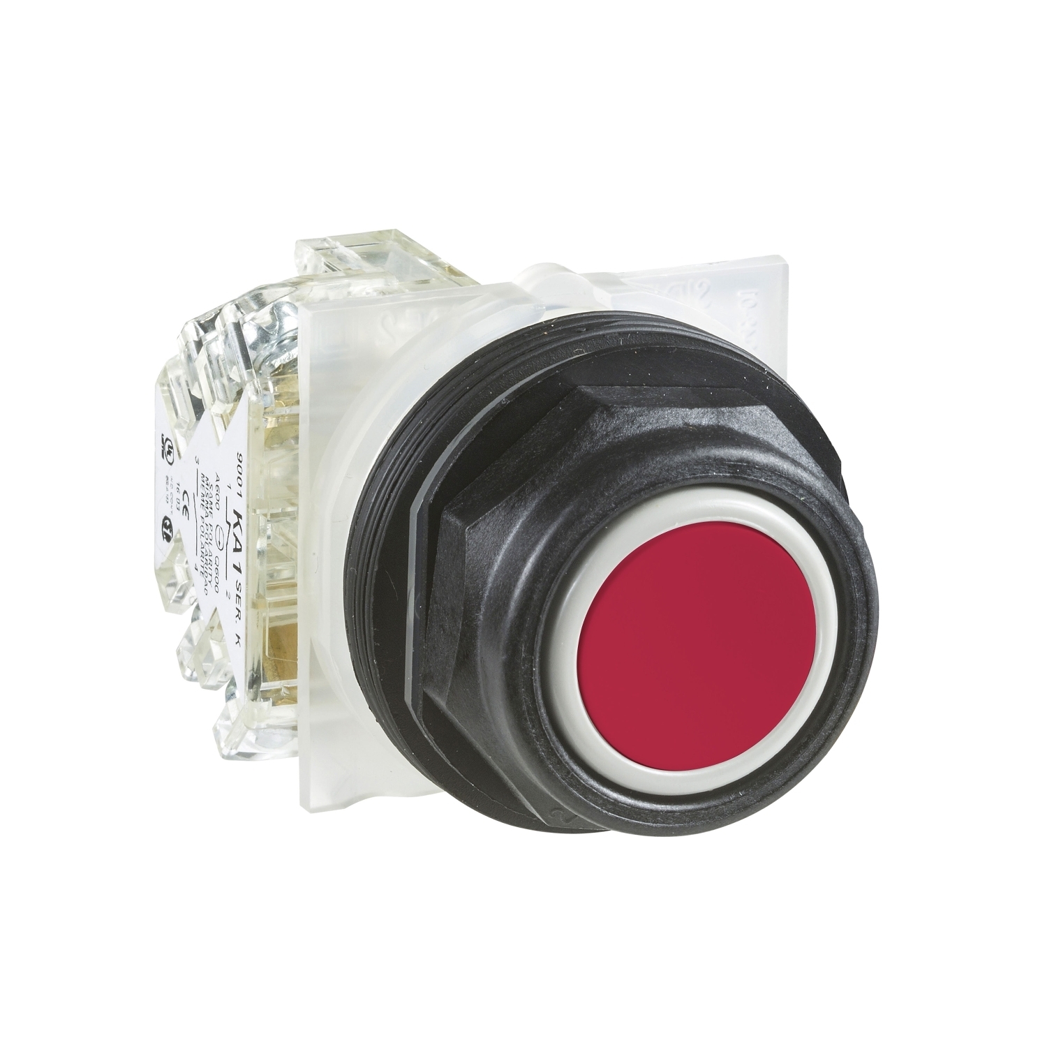 Push button, Harmony 9001SK, plastic, flush, red, 30mm, spring return, 1 C/O
