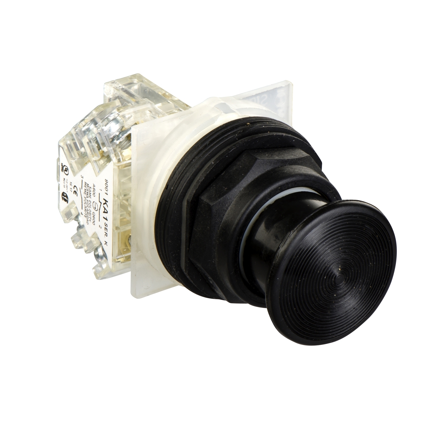 Push-button, Harmony 9001SK, plastic, mushroom 35mm, black, 30mm, spring return, 1 C/O