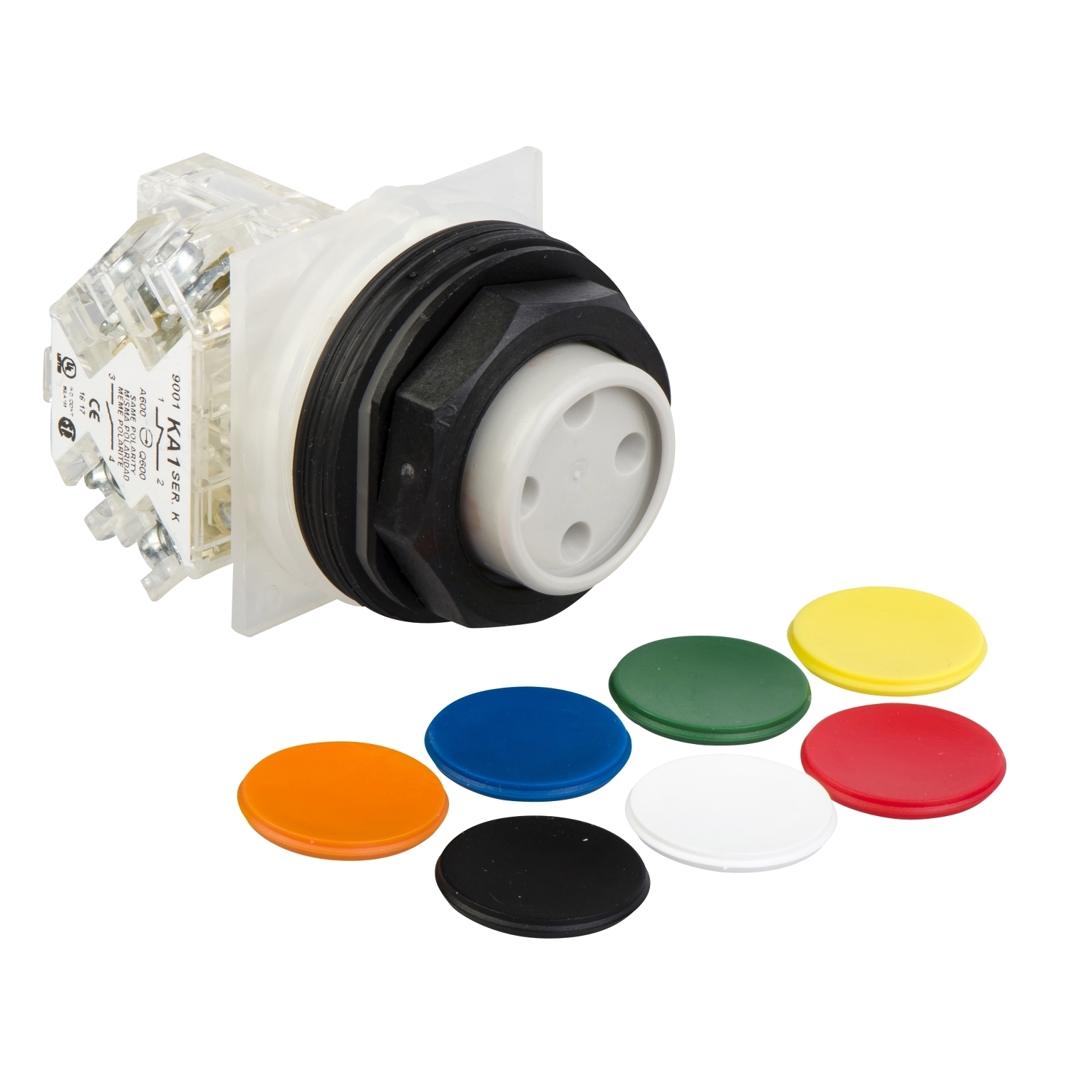 Push-button, Harmony 9001SK, plastic, projecting, 7 colours choice, 30mm, spring return, 1 C/O