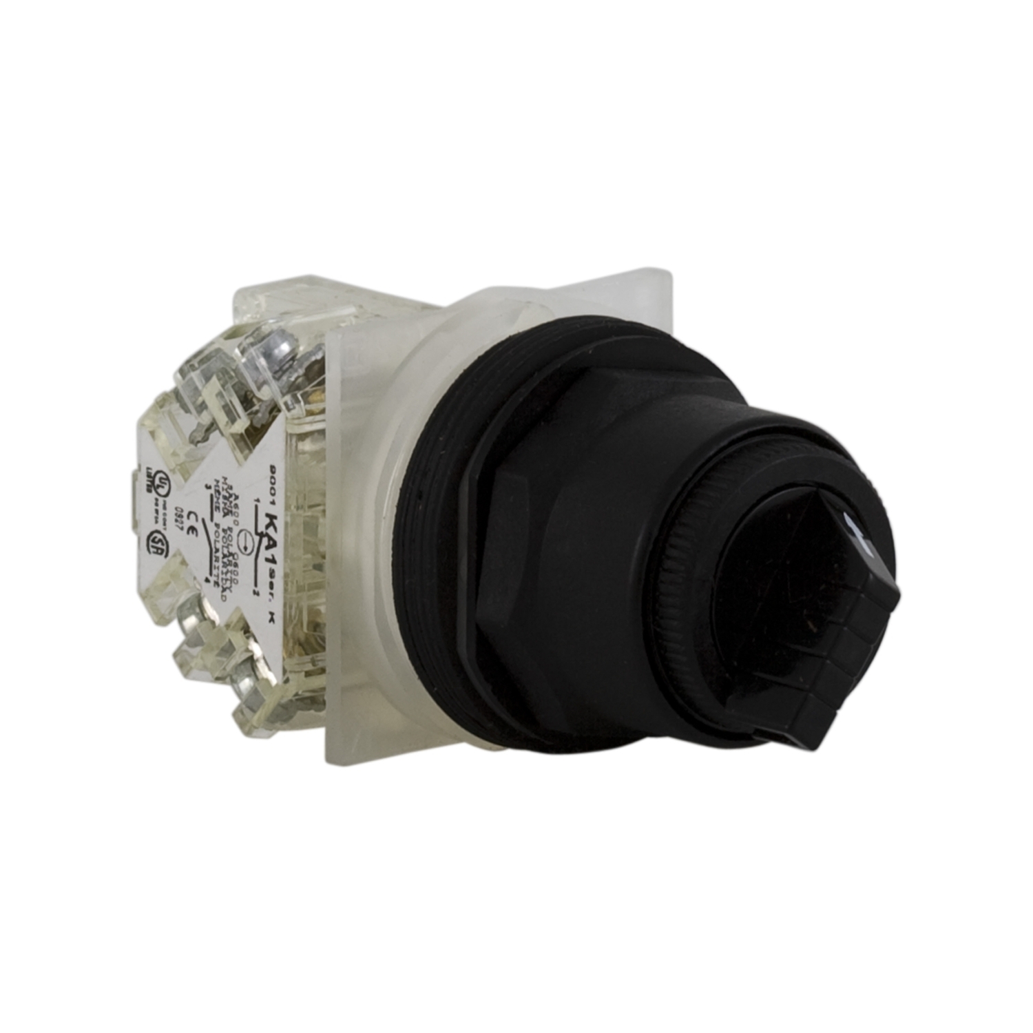 Selector switch, Harmony 9001SK, plastic, standard handle, black, 30mm, 2 positions, stay put, 1 CO, 9001KA1 contact block compatible