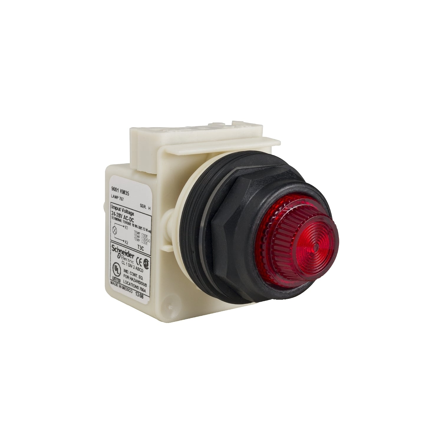 Push-to-test pilot light, Harmony 9001SK, plastic, polycarbonate, fresnel lens, red, 30mm, LED red, 120V