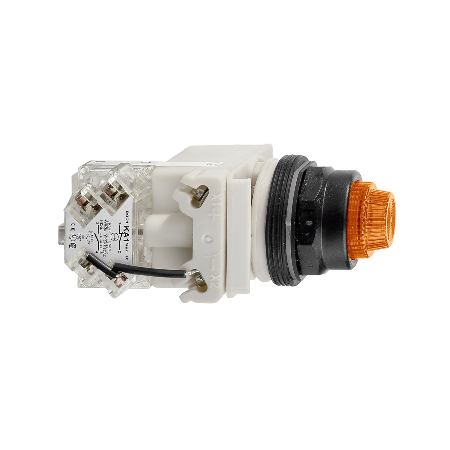 Push-to-test pilot light, Harmony 9001SK, plastic, polycarbonate, fresnel lens, amber, 30mm, LED yellow, 120V