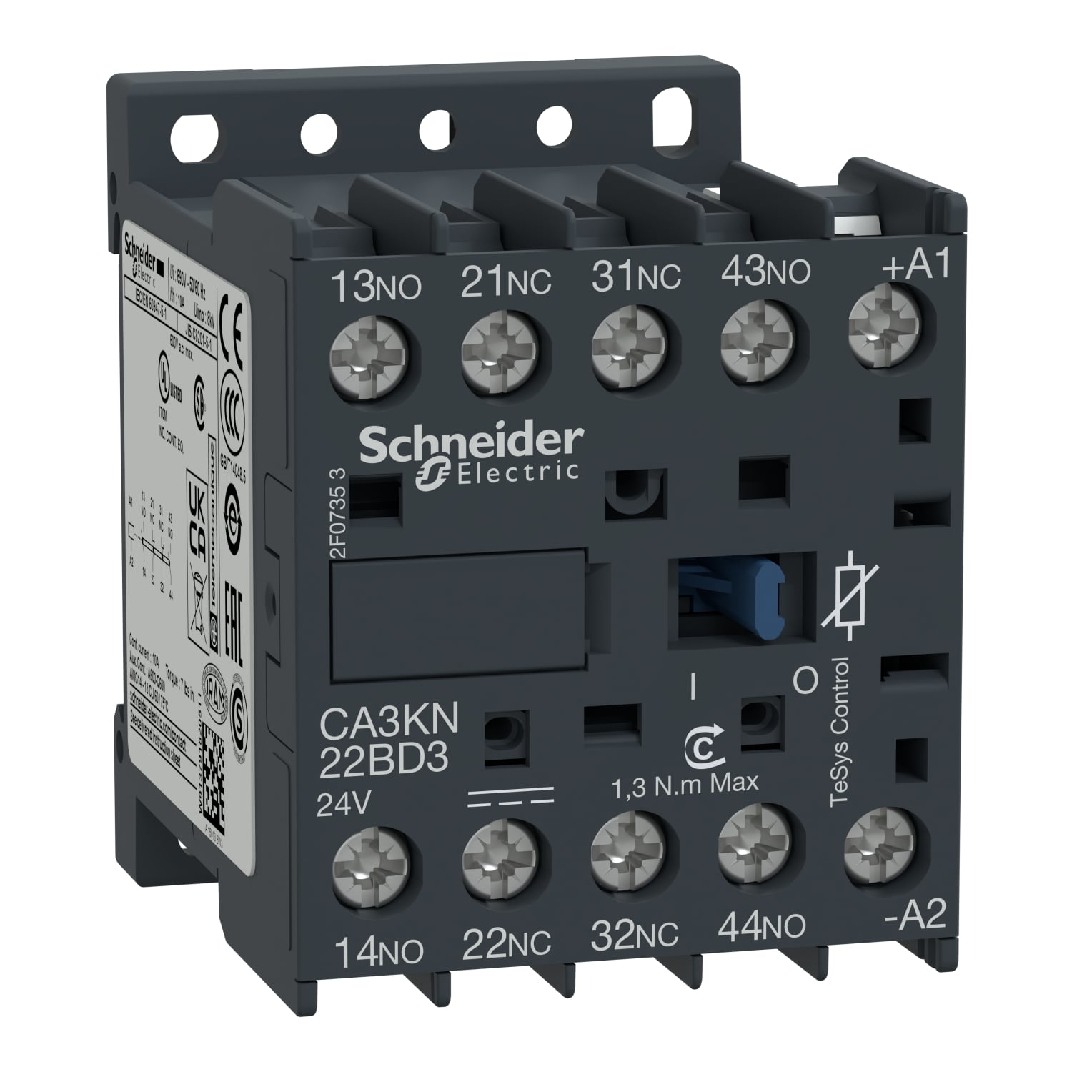 Control relay, TeSys K, 2 NO + 2 NC, lt or eq to 690V, 24VDC standard coil