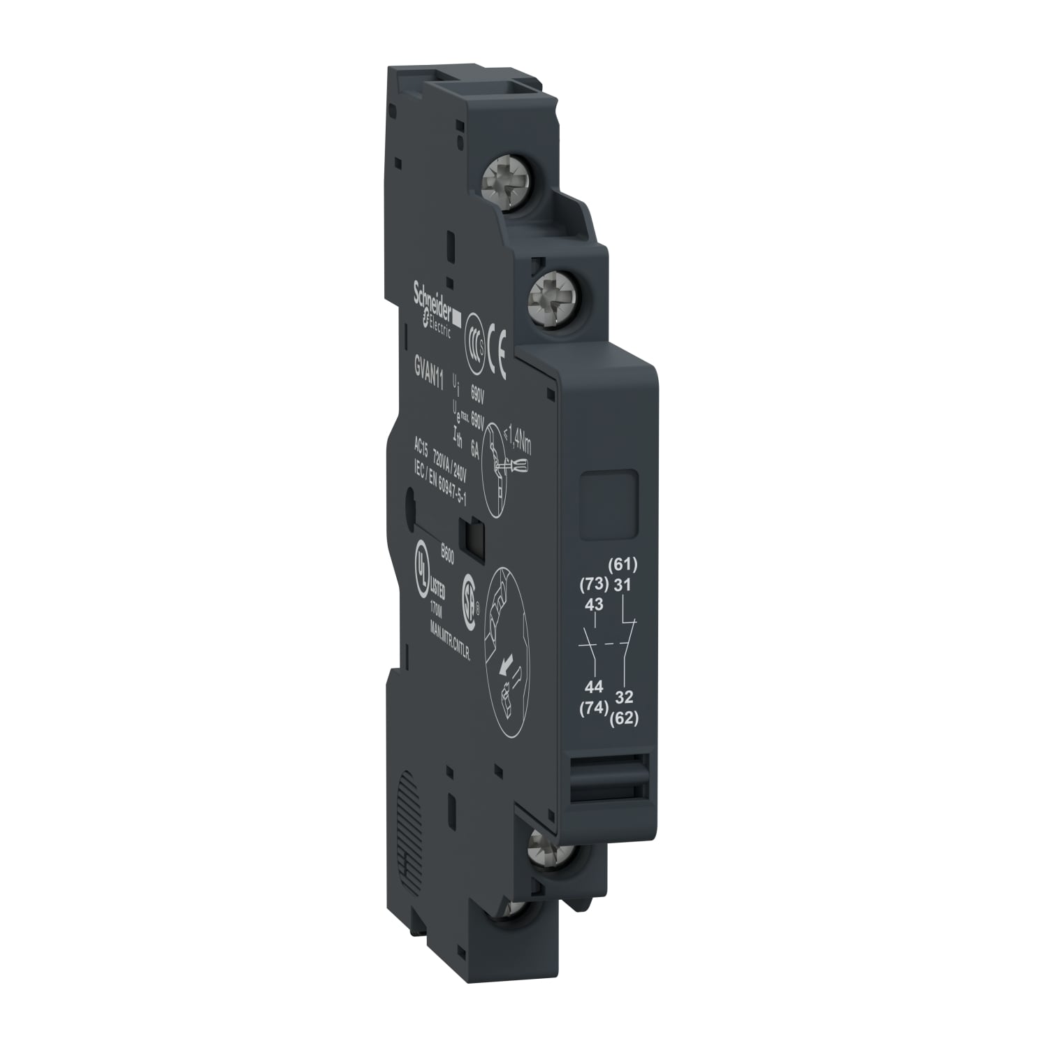 TeSys Deca Manual Starter and Protector, auxiliary contact block, 1 NO and 1 NC, side mount, screw clamp