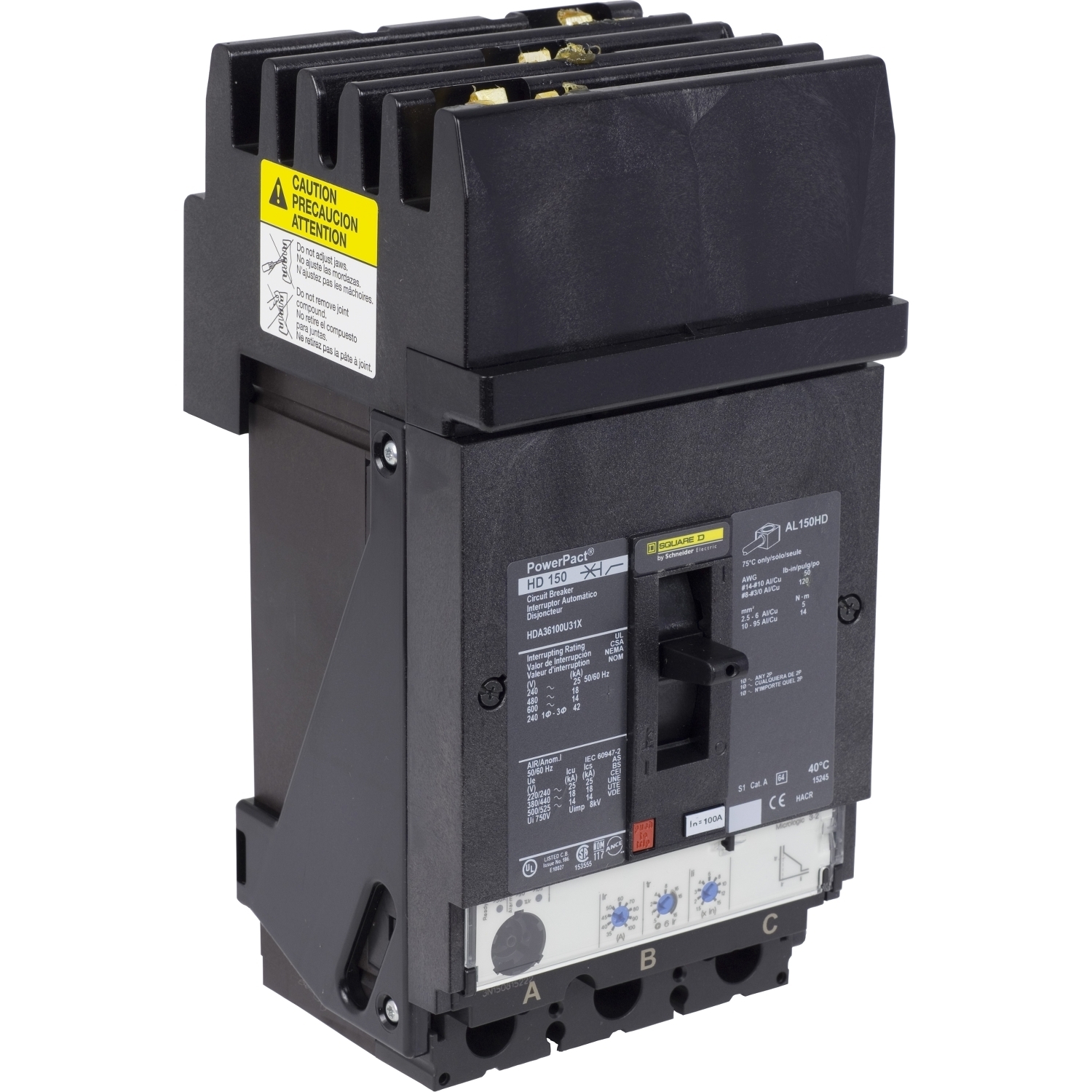 Circuit breaker, PowerPacT H, 100A, 3 pole, 600VAC, 14kA, I-Line, Micrologic 6.2A, 80%, ABC