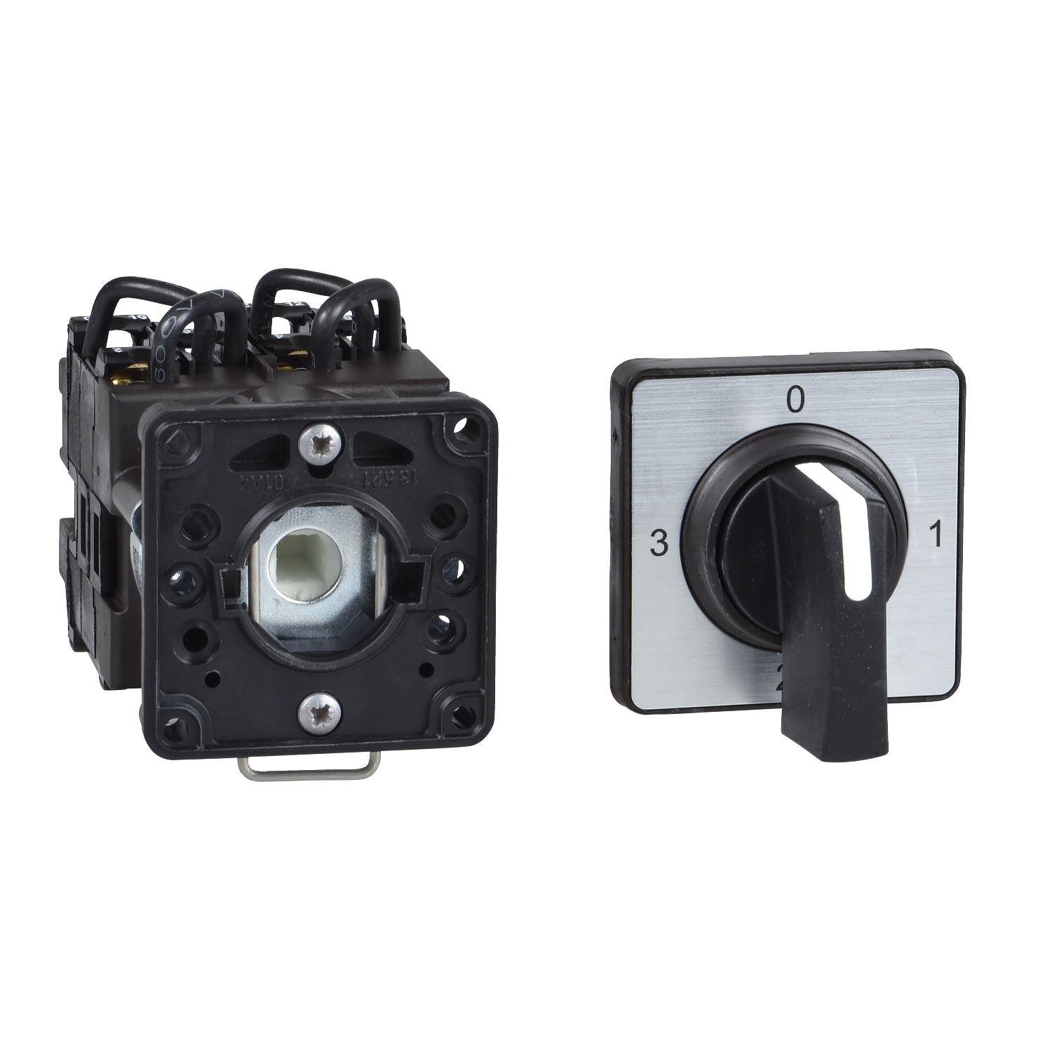 Cam ammeter switch, Harmony K, 22mm, plastic, 3 positions, position 0, 90, 12A, 45x45mm, metallic legend, marked 0 L1 L2 L3, 35mm black handle