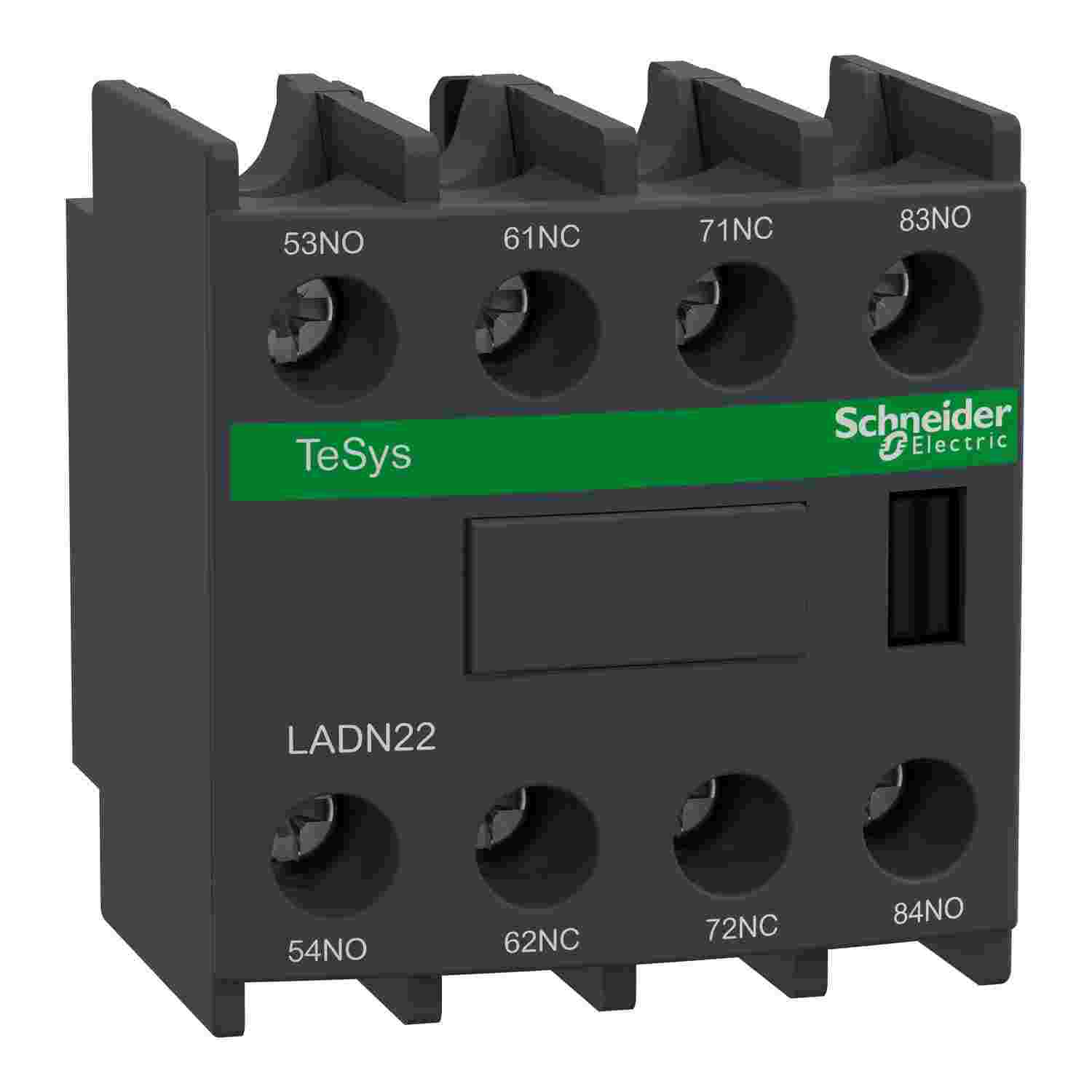 TeSys Deca, auxiliary contact block, 2 NO and 2 NC, top mount, screw clamp terminals, for LC1D09 to LC1D150 contactors