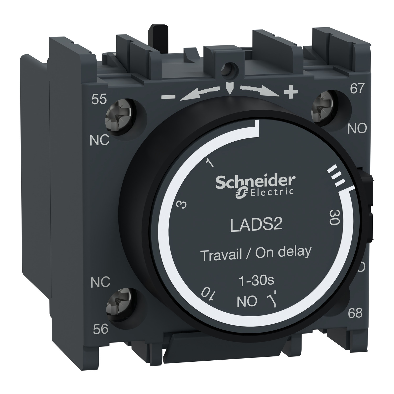 Time delay auxiliary contact block, TeSys Deca, 1NO + 1NC, on delay 1-30s, front, screw clamp terminals