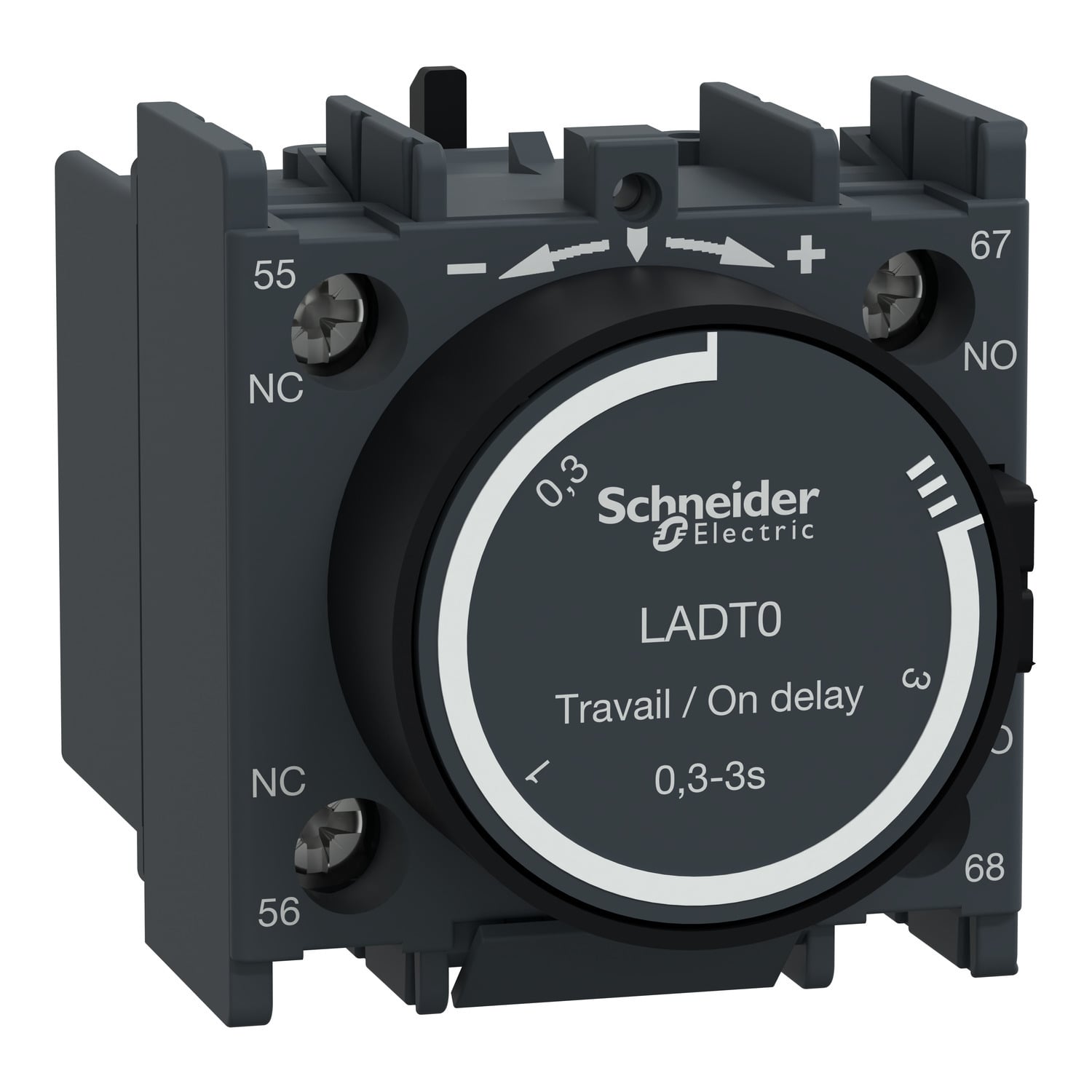 Time delay auxiliary contact block, TeSys Deca, 1NO + 1NC, on delay 0.3-3s, front, screw clamp terminals