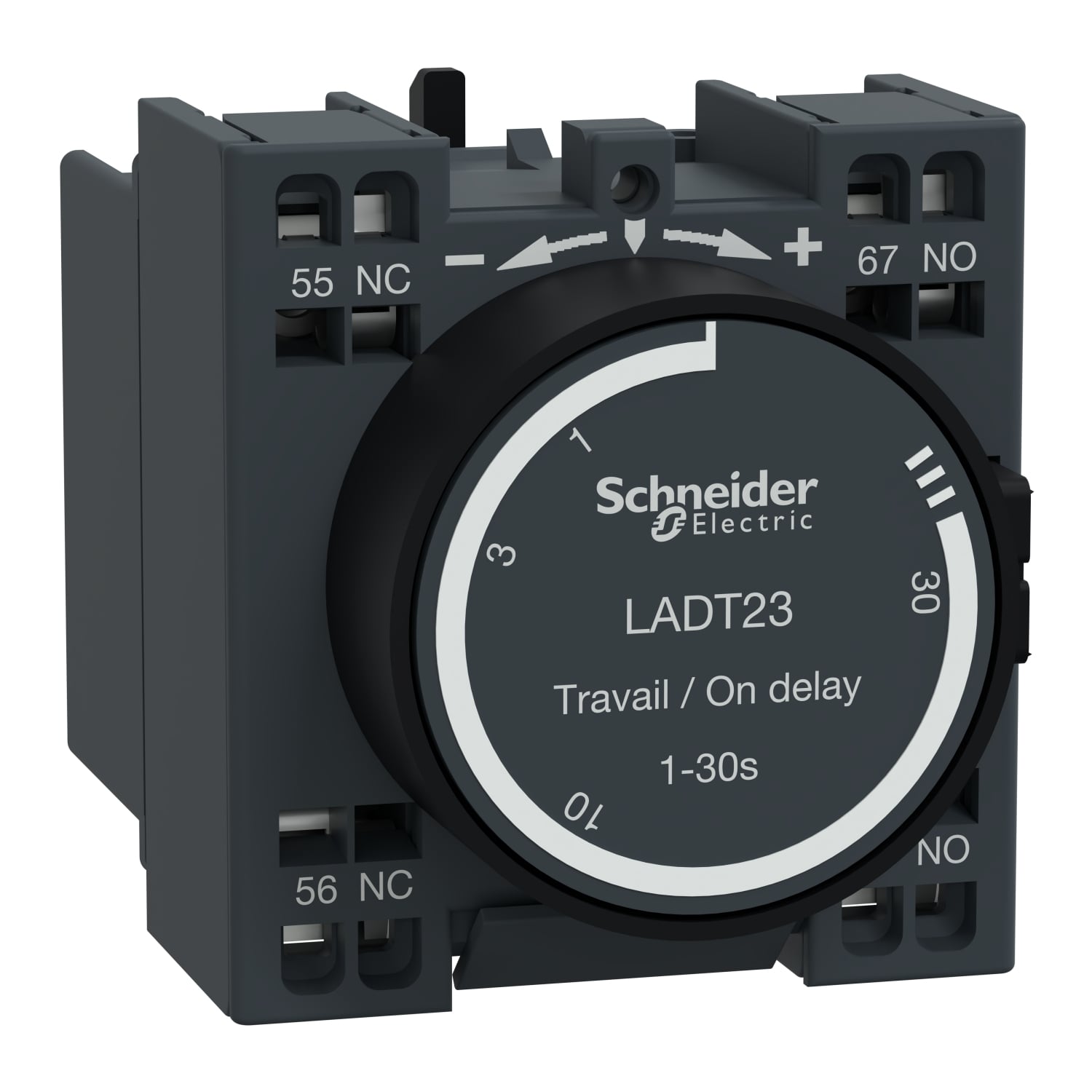 Time delay auxiliary contact block, TeSys Deca, 1NO + 1NC, on delay 1-30s, front, spring terminals