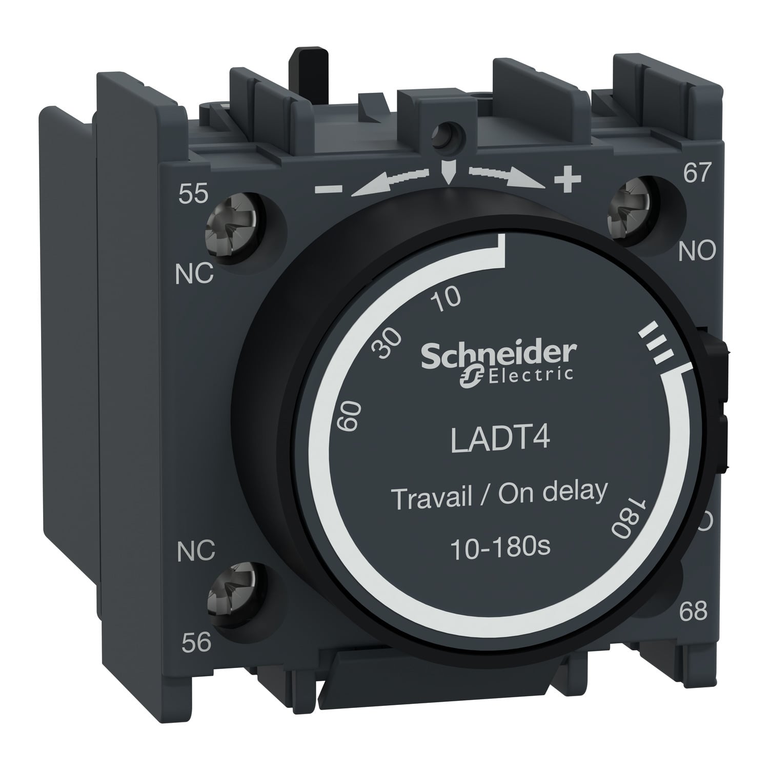 Time delay auxiliary contact block, TeSys Deca, 1NO + 1NC, on delay 10-180s, front, screw clamp terminals