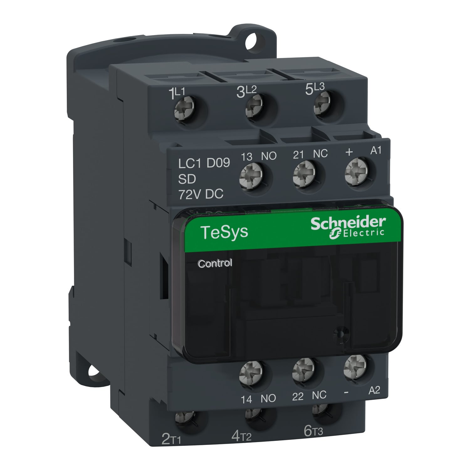 IEC contactor, TeSys Deca, nonreversing, 9A, 5HP at 480VAC, up to 100kA SCCR, 3 phase, 3 NO, 72VDC coil, open style
