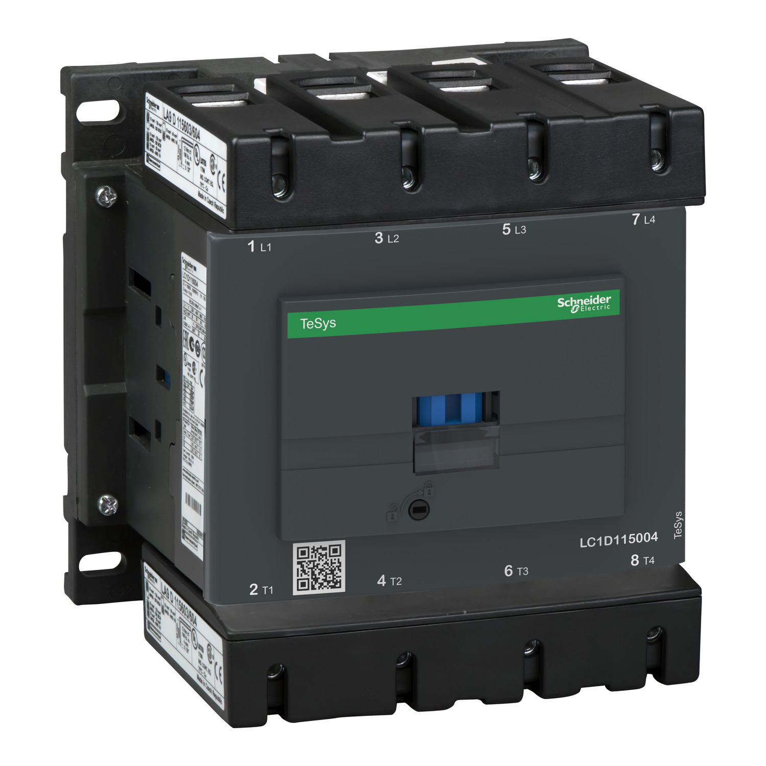 IEC contactor, TeSys Deca, nonreversing, 200A resistive, 4 pole, 4 NO, 120VAC 60Hz coil, open style