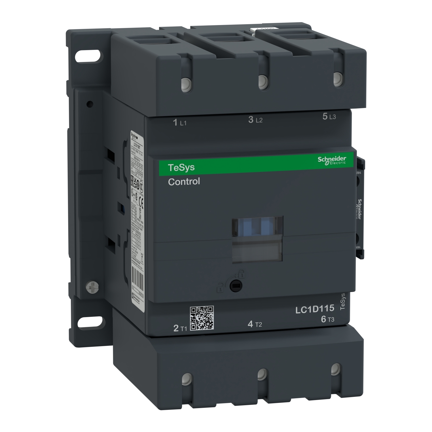 IEC contactor, TeSys Deca, nonreversing, 115A, 75HP at 480VAC, up to 100kA SCCR, 3 phase, 3 NO, 208VAC 50/60Hz coil, open