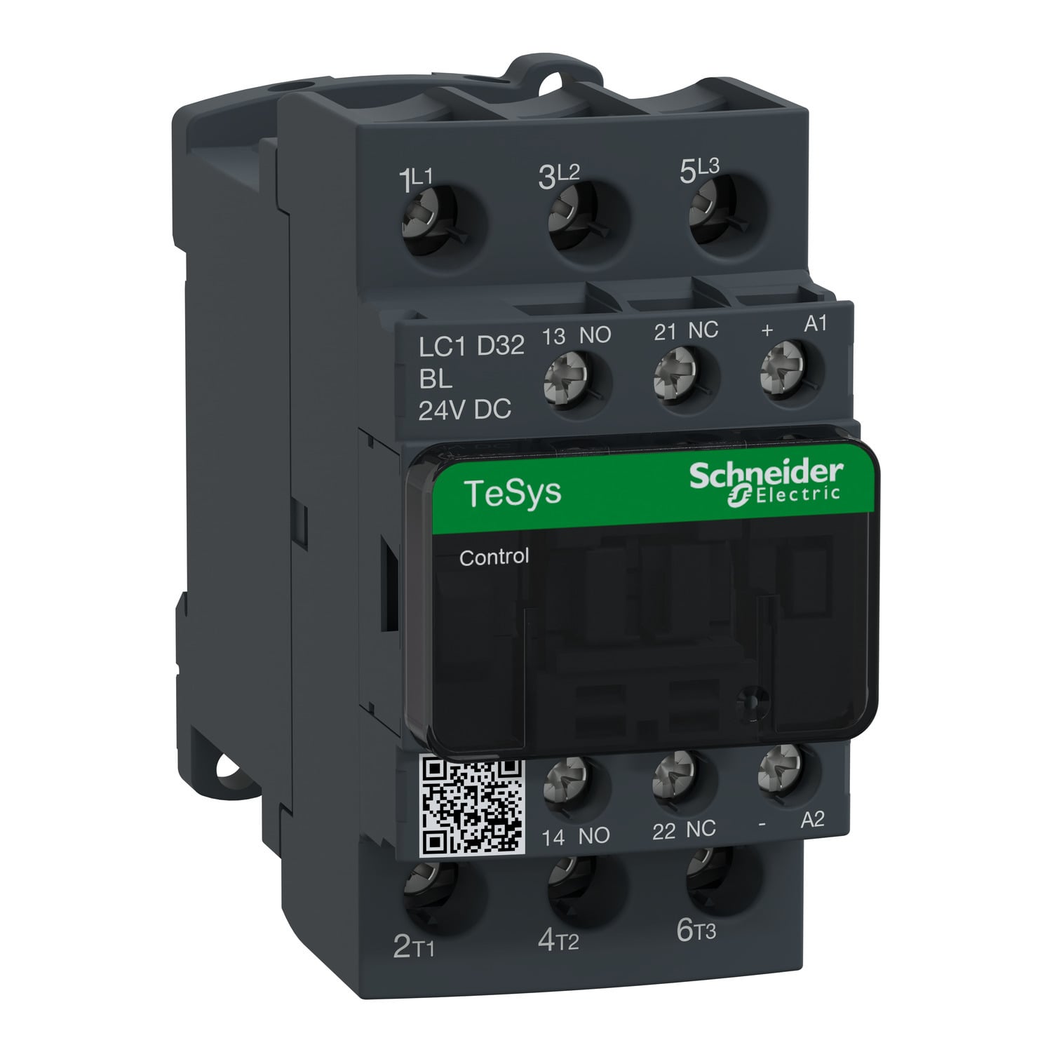 IEC contactor, TeSys Deca, nonreversing, 32A, 20HP at 480VAC, up to 100kA SCCR, 3 phase, 3 NO, low consumption 24VDC coil