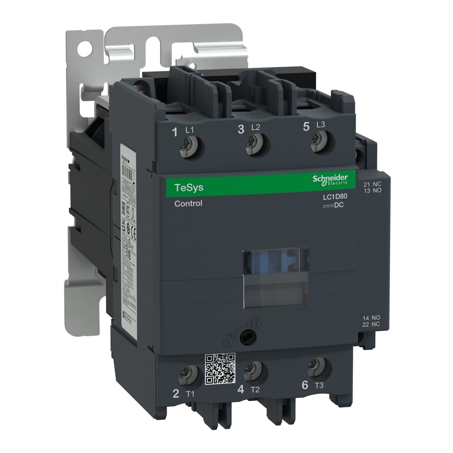 IEC contactor, TeSys Deca, nonreversing, 80A, 60HP at 480VAC, up to 100kA SCCR, 3 phase, 3 NO, 24VDC coil, open style