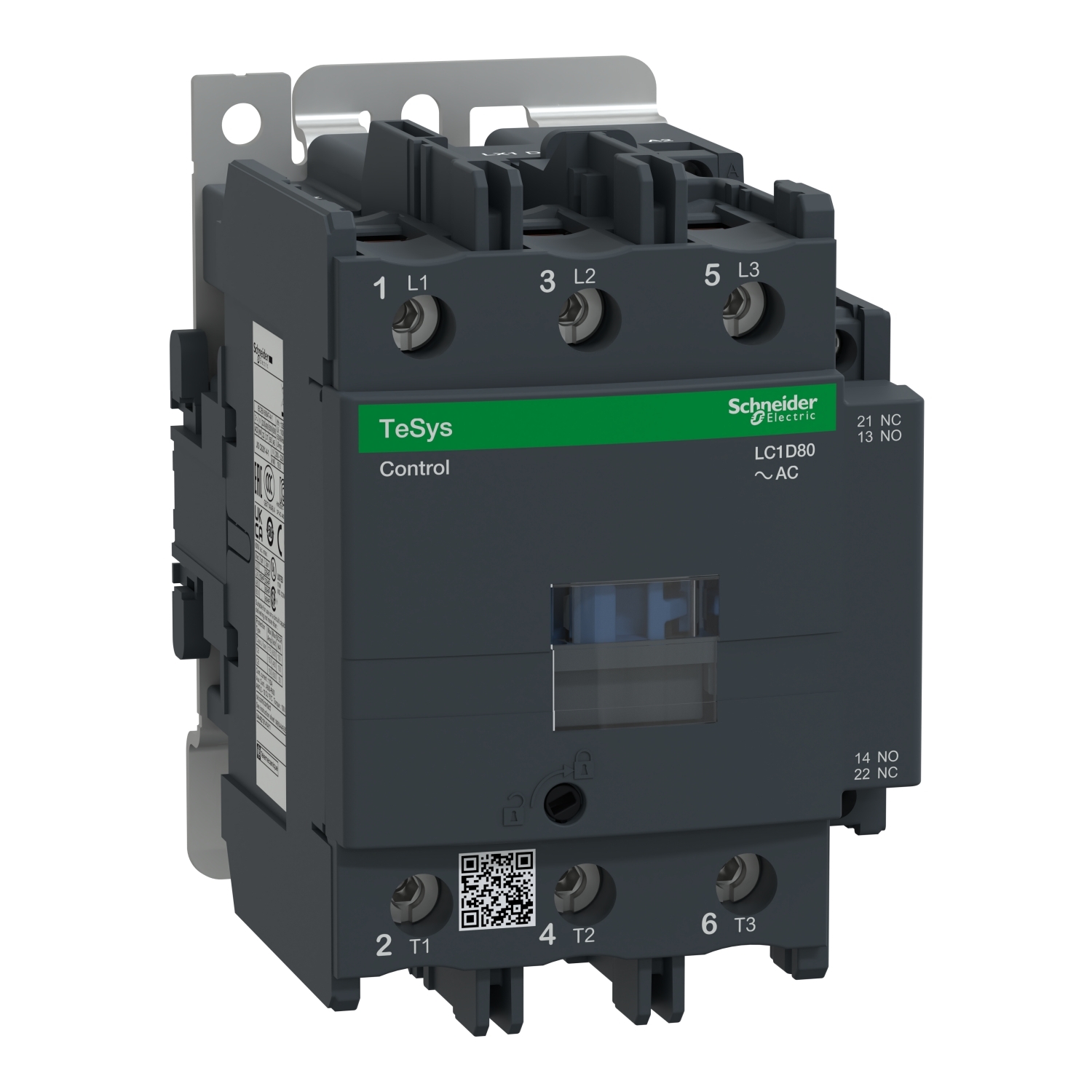 IEC contactor, TeSys Deca, nonreversing, 80A, 60HP at 480VAC, up to 100kA SCCR, 3 phase, 3 NO, 240VAC 50/60Hz coil, open