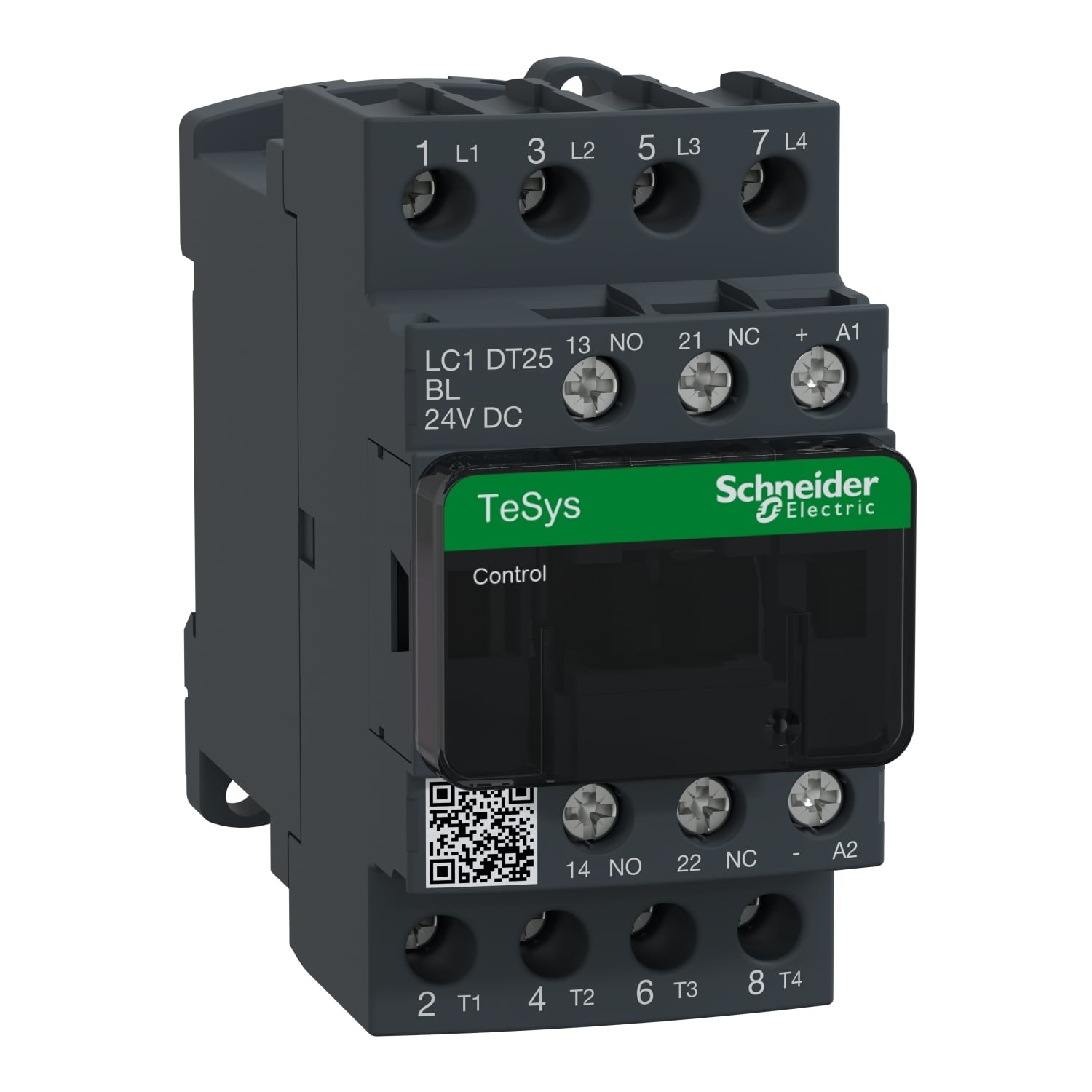 IEC contactor, TeSys Deca, nonreversing, 25A resistive, 4 pole, 4 NO, low consumption 24VDC coil, open style