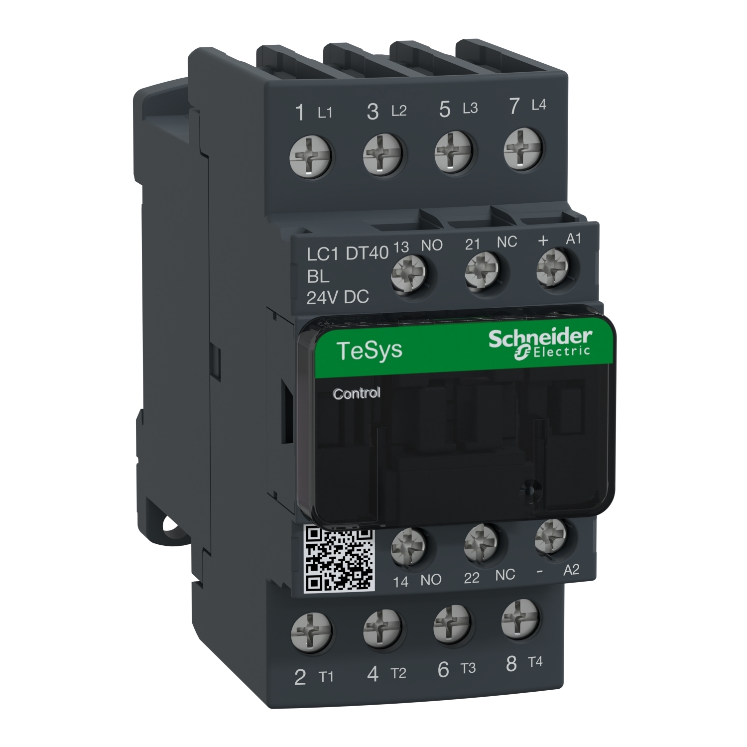 IEC contactor, TeSys Deca, nonreversing, 40A resistive, 4 pole, 4 NO, low consumption 24VDC coil, open style