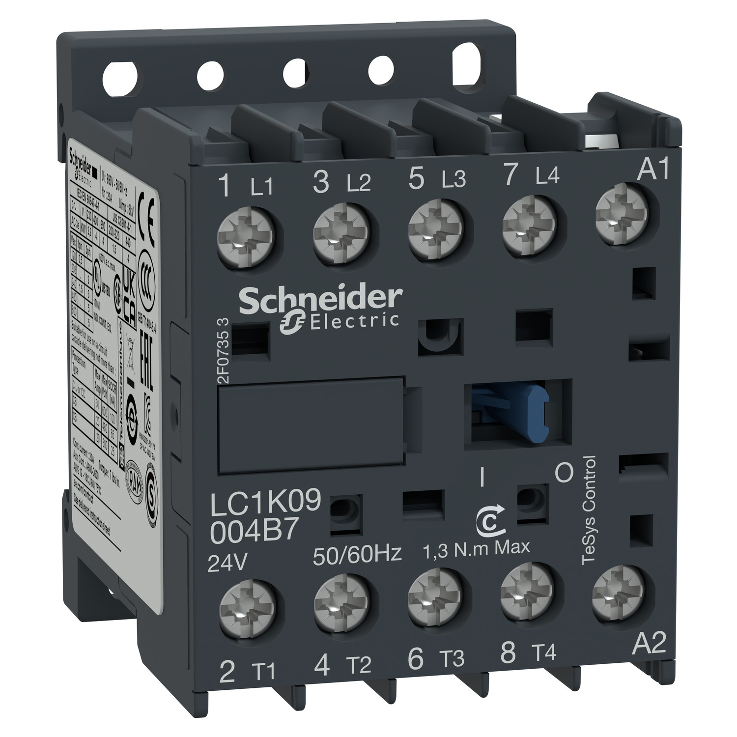 Contactor, TeSys K, 4P, 4 NO, AC-1, lt or eq to 440V 10A, 24VAC coil