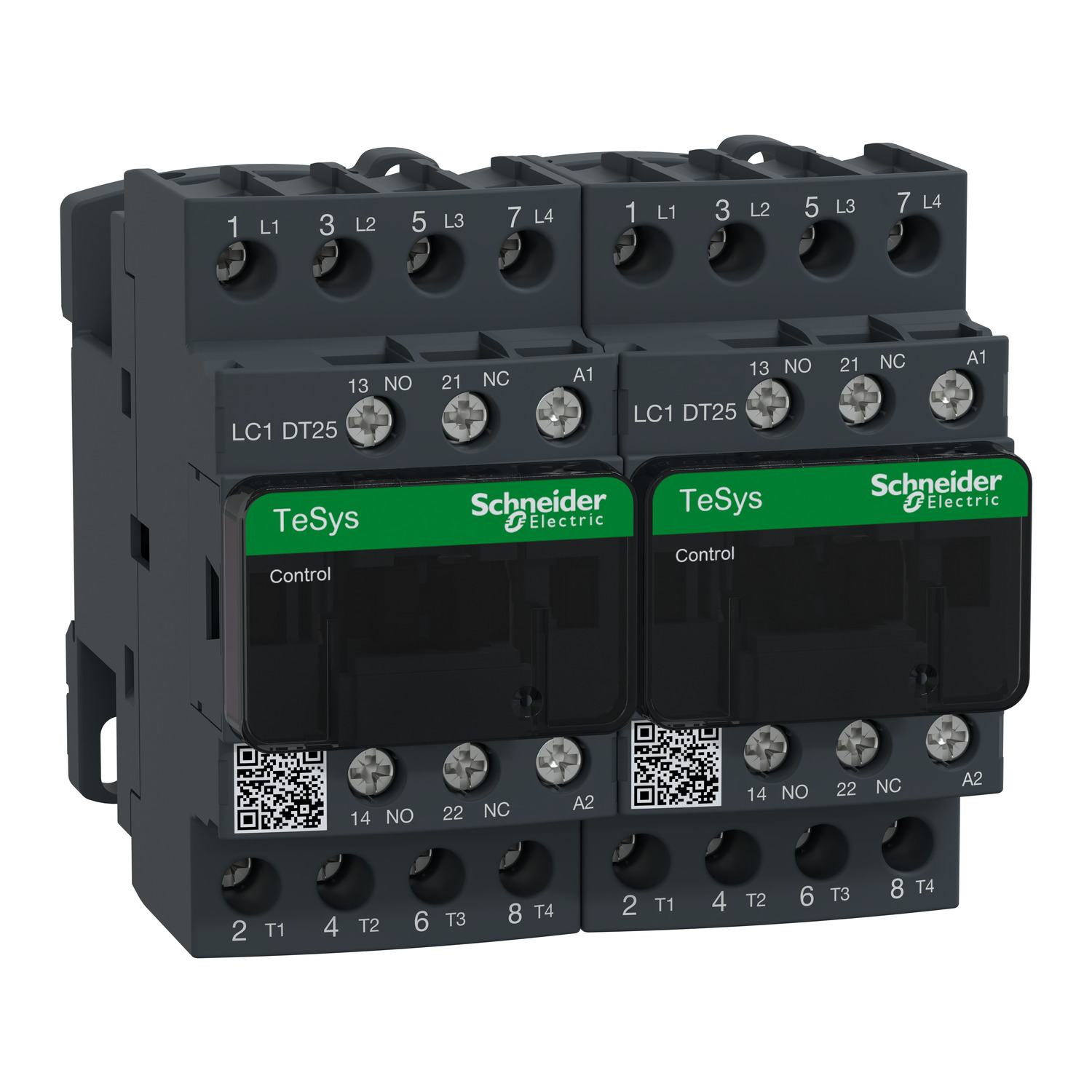 IEC contactor, TeSys Deca, reversing, 25A resistive, 4 pole, 4 NO, 120VAC 50/60Hz coil, open style