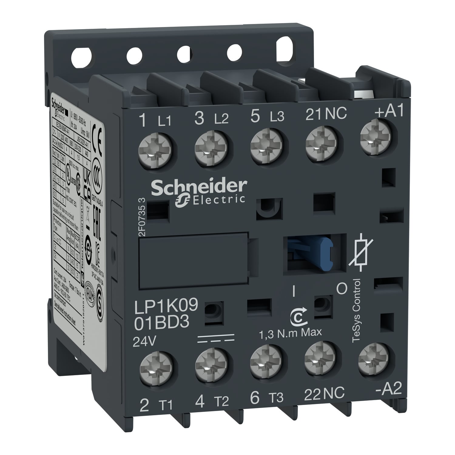 Contactor, TeSys K, 3P, AC-3, lt or eq to 440V, 9A, 1 NC aux, 24VDC coil