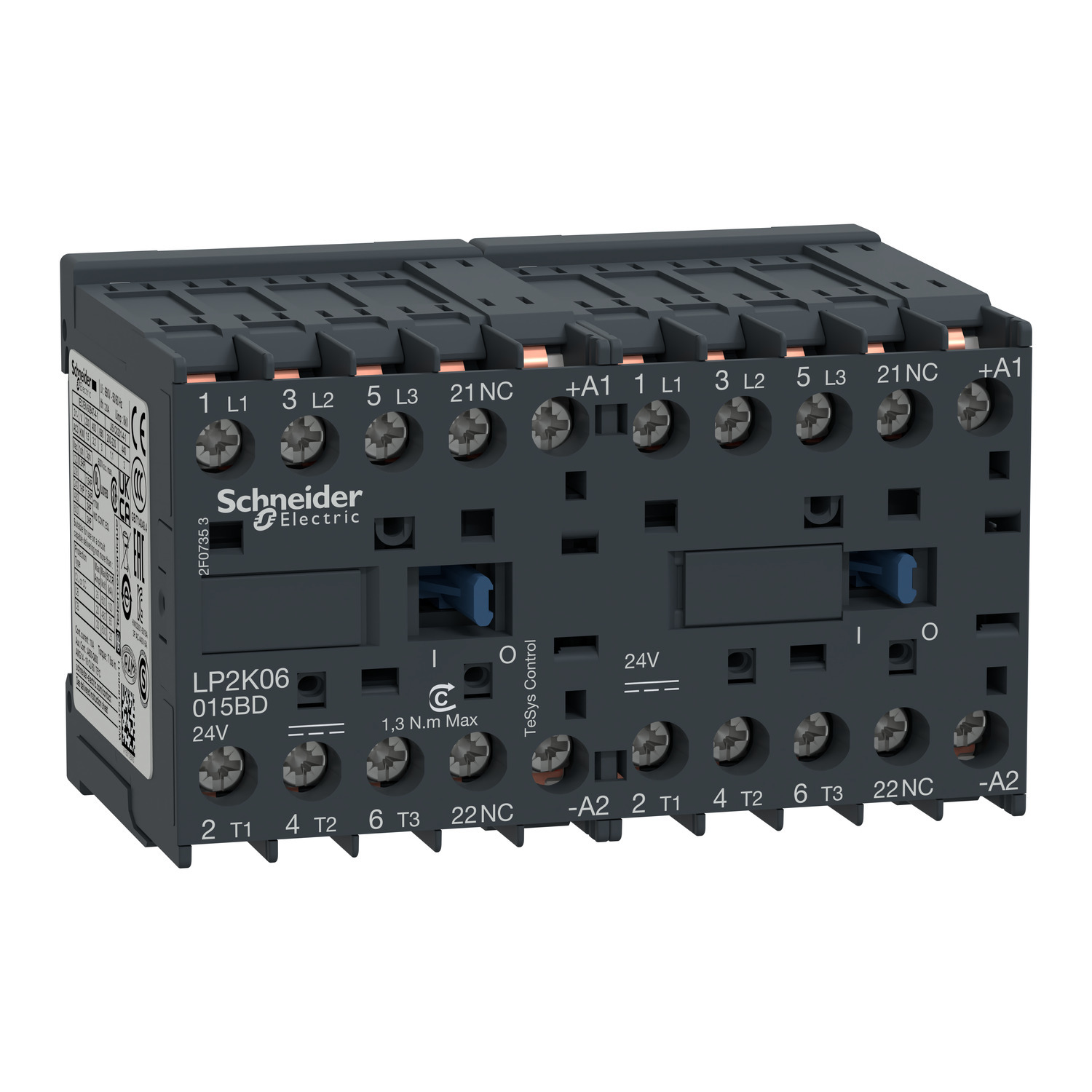 Reversing contactor, TeSys K, 3P, AC-3, lt or eq to 440V 9A, 1 NC, 24VDC coil