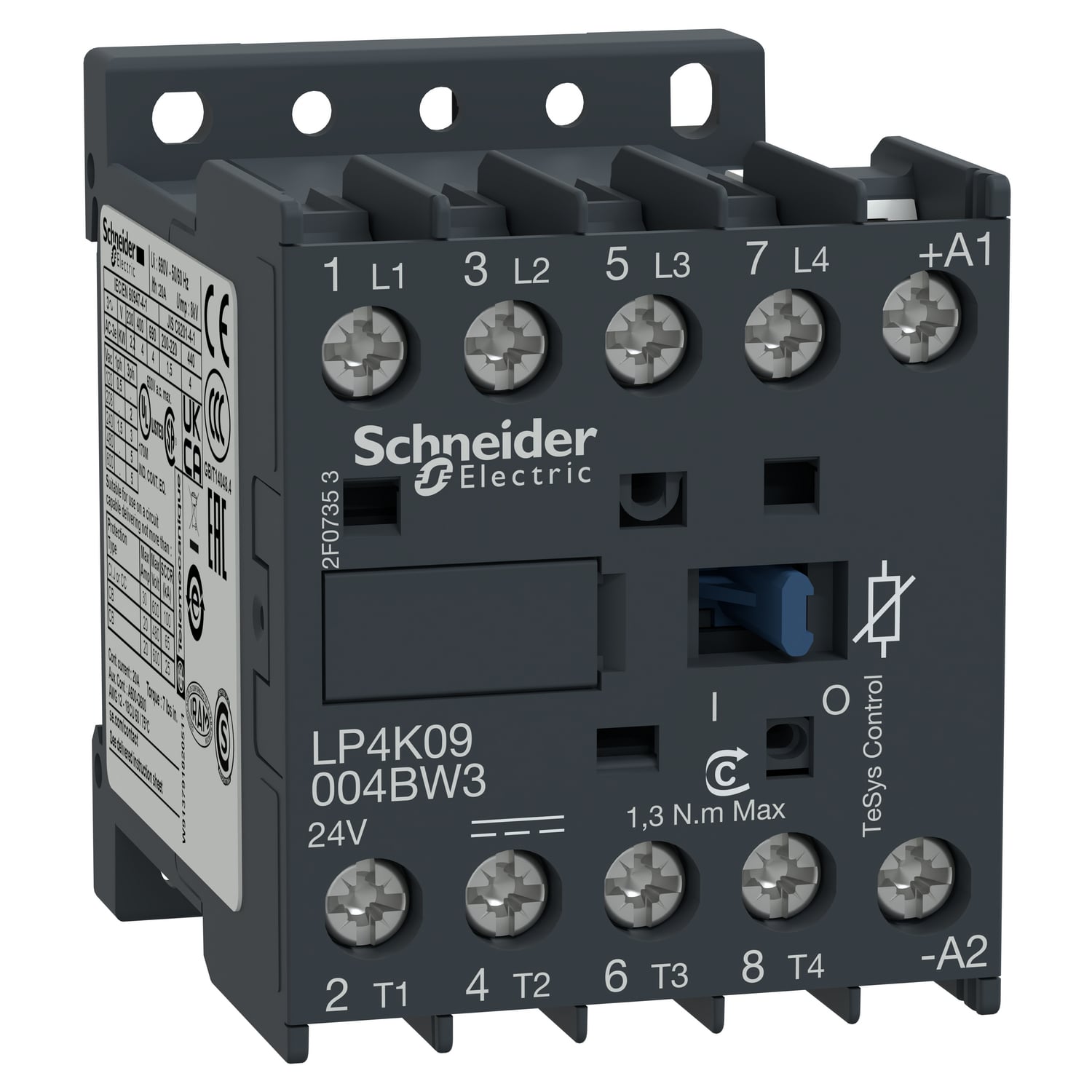 Contactor, TeSys K, 4P, 4 NO, AC-1, lt or eq to 440V, 20A, 24VDC coil