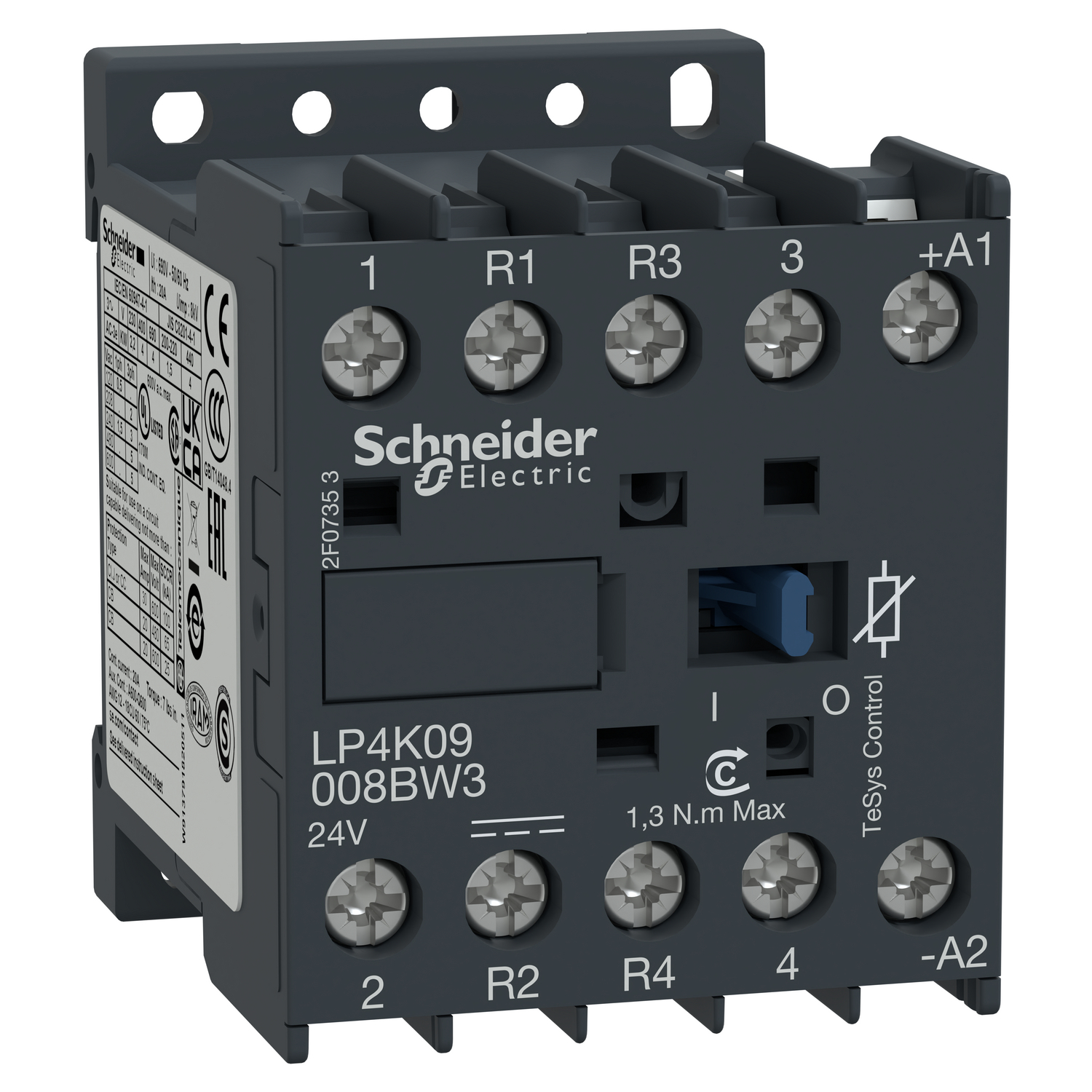 Contactor, TeSys K, 4P, 2 NO + 2 NC, AC-1, lt or eq to 440V, 20A, 24VDC coil