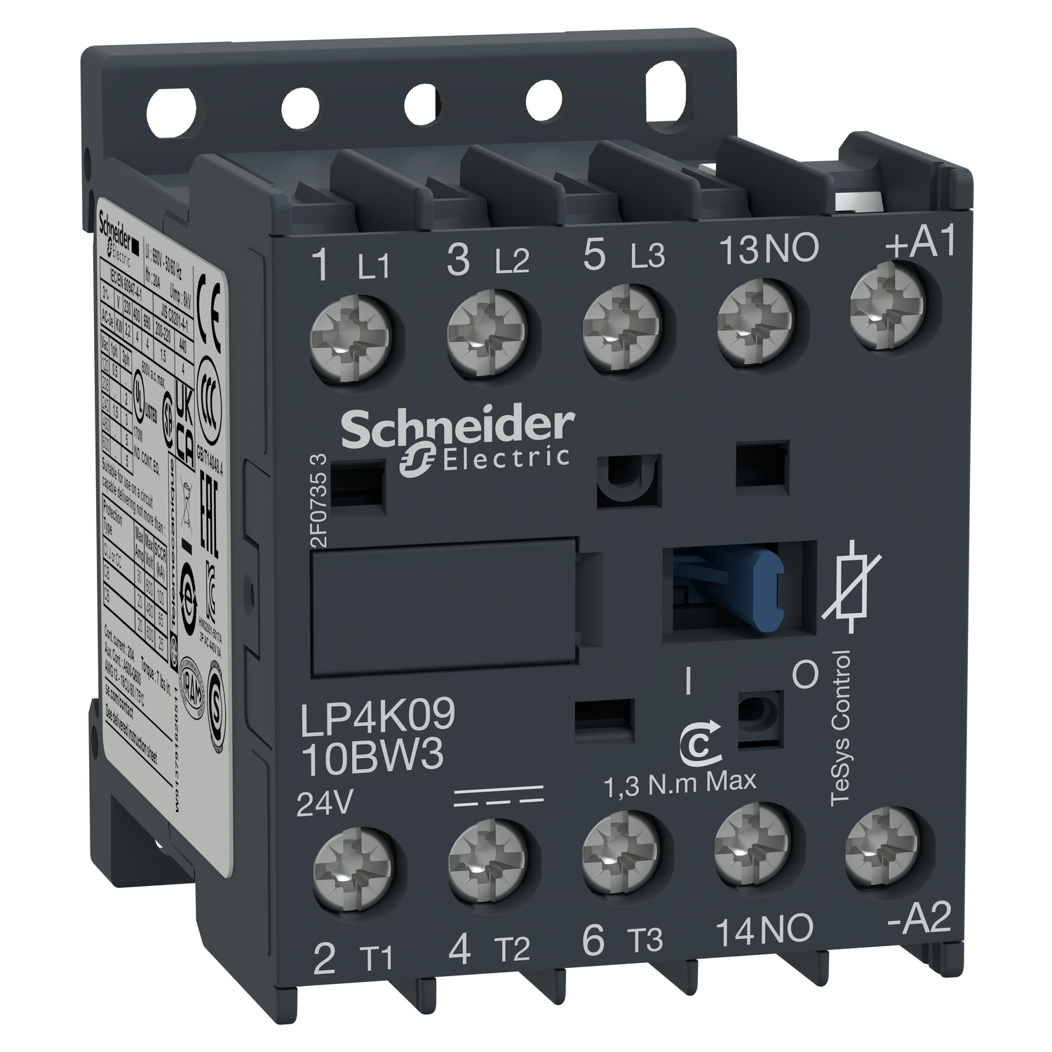 Contactor, TeSys K, 3P, AC-3, lt or eq to 440V, 9A, 1 NO aux, 24VDC coil